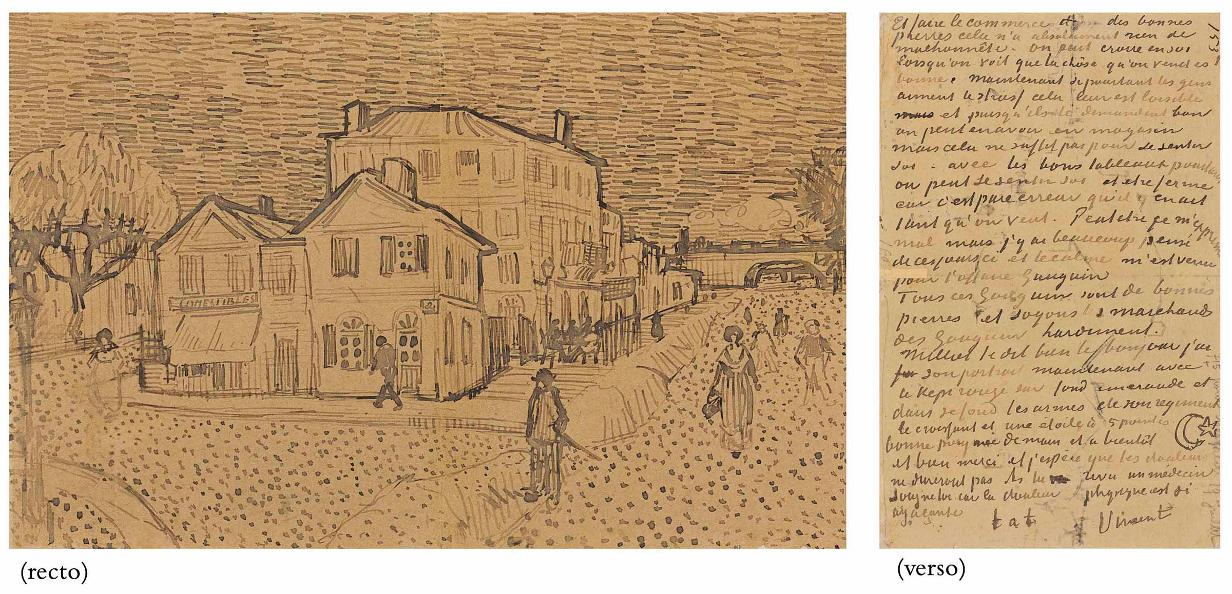 Vincent van Gogh (1853-1890), La maison de Vincent &agrave; Arles (La maison jaune) (recto); page of a letter from Vincent to his brother Theo (verso), executed in Arles, September 1888. 5&frac14; x 8⅛  in (13.4 x 20.6  cm). Sold for $5,485,000 on 5 November 2013  at Christie&rsquo;s in New York