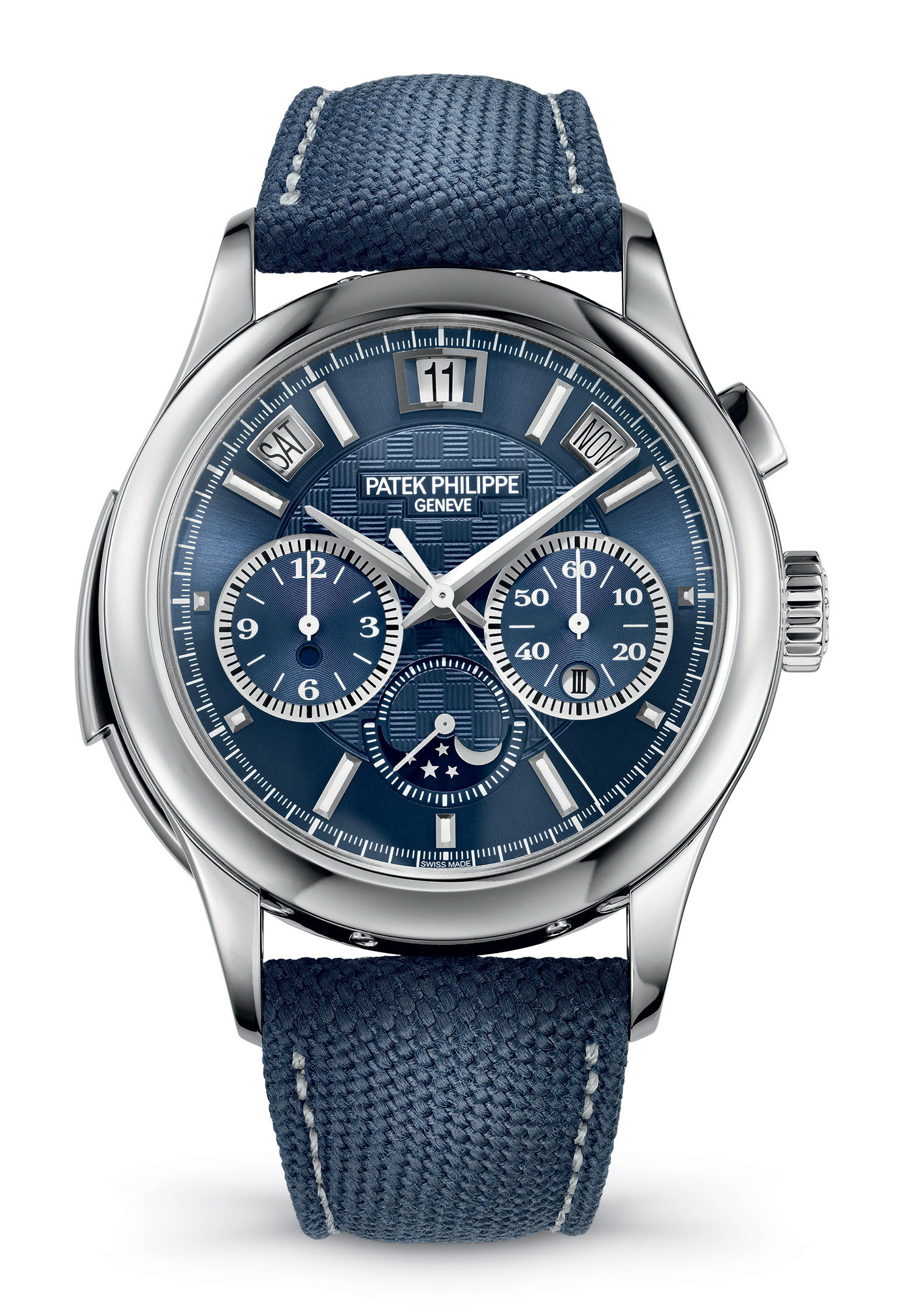 Patek Philippe Reference 5208T-010. Titanium. Interchangeable full back and sapphire-crystal case back. Case is humidity and dust protected only (not water resistant). Blue dial with a hand-guilloché ‘carbon’ pattern, gold applied indexes with luminescent coating. 18K gold dial plate. 60-minute and 12-hour counters. Central chronograph hand. Day, date, month, leap year and day/night indication in apertures. Moon phases. Seconds subdial. Caliber R CH 27 PS QI. Self-winding mechanical movement with micro-rotor. Minute repeater. Chronograph, instantaneous perpetual calendar with day/night indication. Blue Cordura strap with fold-over clasp. Estimate: CHF900,000-1,100,000. This watch is offered in Only Watch 2017 on 11 November at Christie’s in Geneva 