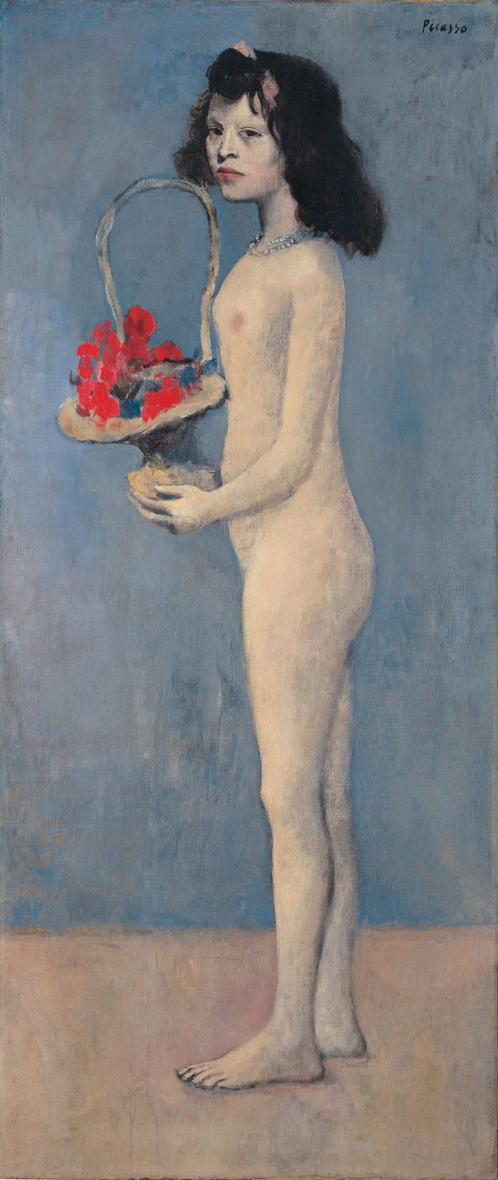 巴布罗 ‧ 毕加索 (1881-1973) 《拿着花篮的女孩》,签名、日期及题识:Picasso (右上); Picasso 1905 13 Rue Ravignan (背面),油彩 画布,60 7/8 x 26 吋 (154. 8 x 66. 1 公分),1905年作。估价待询。佳士得纽约于2018年5月8日举行的佩吉及大卫‧洛克菲勒夫妇珍藏:十九及二十世纪艺术晚间拍卖中呈献此拍品。