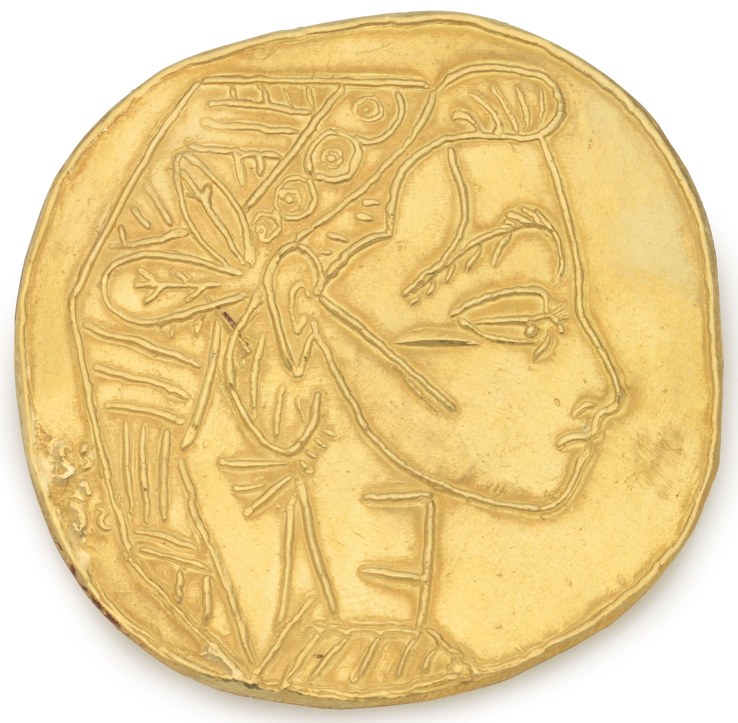 After pablo picasso (1881-1973), Profil de Jacqueline (P.H. 1412), conceived on 22 january 1956 and executed in a numbered edition of twenty plus two exemplaires d'artiste and two exemplaires d'auteur; with a wooden case. this is one of the two exemplaires d'artiste.. Diameter: 2⅛ in (5.2 cm). Estimate:                    $15,000-20,000. This lot is offered in Art as Jewellery, 9-16 November 2017, Online