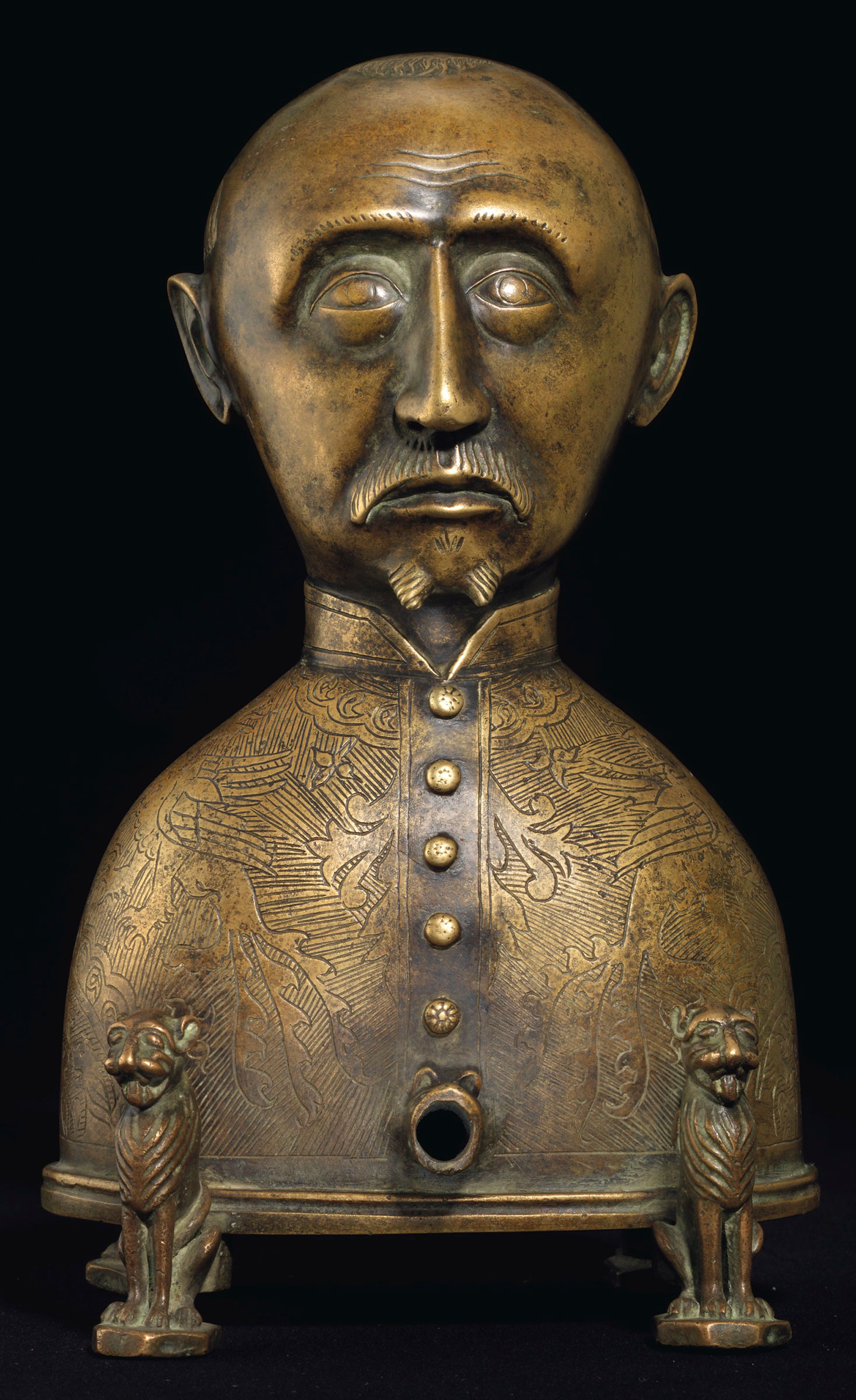 Aquamanile in the form of a tonsured man, second half 14th century. 10  in (25.5  cm) high. Estimate: £120,000-180,000. This lot is offered in European Sculpture on 6 December 2017  at Christie’s in London