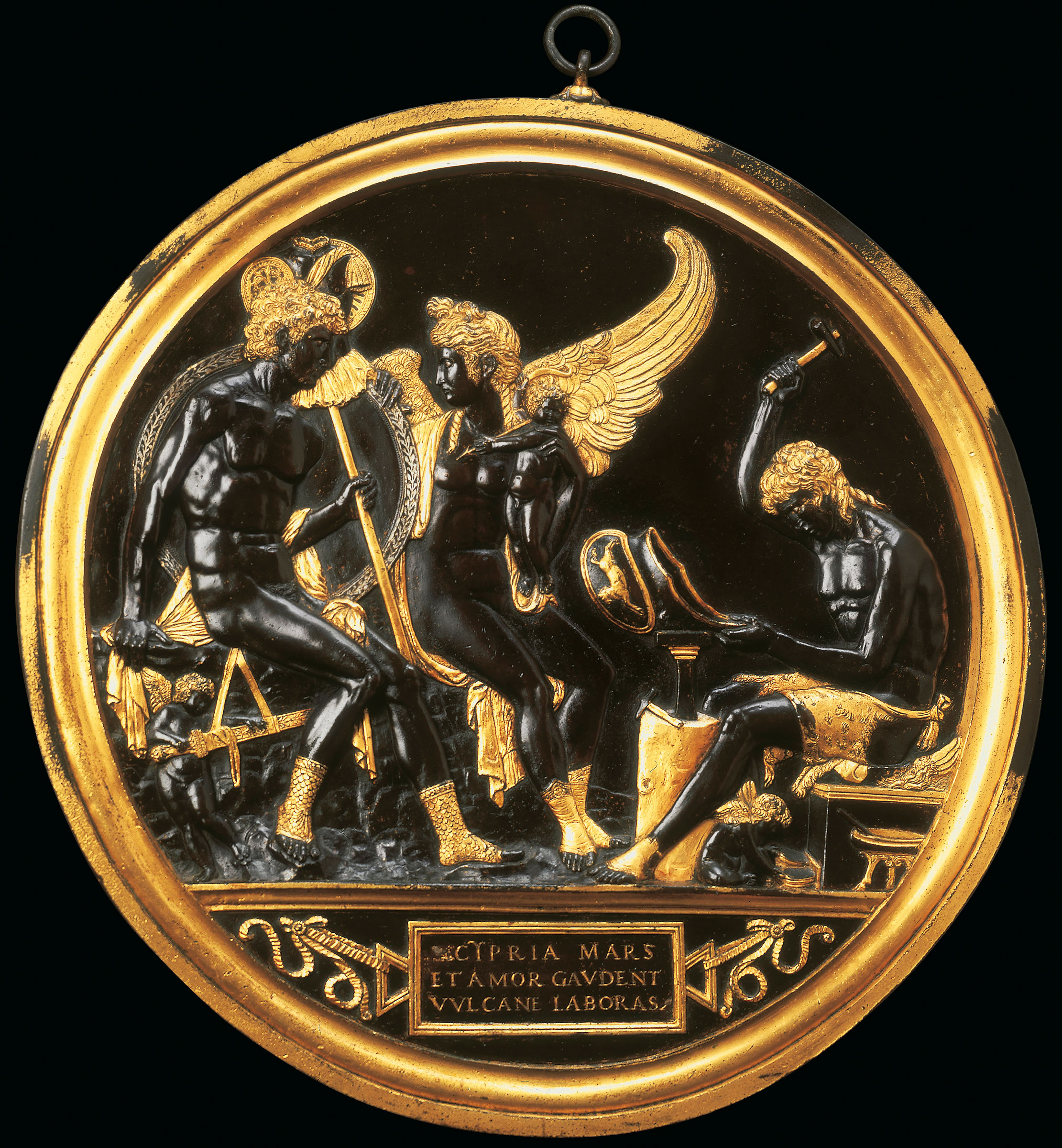 A parcel-gilt and silvered bronze roundel depicting Mars, Venus, Cupid and Vulcan, c. 1480-1500. 16&frac12; in (42cm)  diam. Sold for &pound;6,949,250 on 11 December 2003  at Christie&rsquo;s in London
