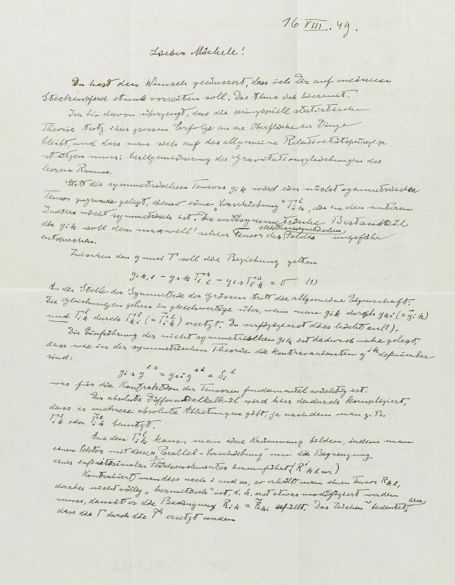 1949. Mathematics for Einstein always came second to creative speculation: here he gives a dazzling exposition of his great ‘theory of everything’ – unified field theory – but concludes with a sense of resignation. 'What is logically simple is so difficult mathematically', Princeton, 16 August 1949. In German, two pages, 278 x 218mm Envelope. Estimate: $20,000-30,000. This lot is offered in Einstein: Letters to a Friend Part II, 29 November to 6 December 2017, Online