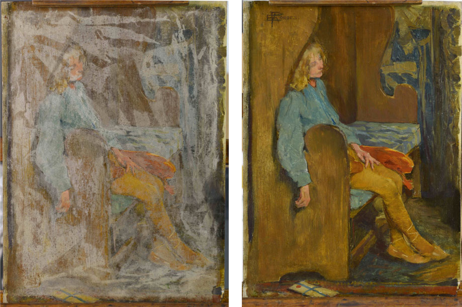 Even an apparently irretrievable work, such as this painting by Stanhope Forbes, can sometimes be returned to remarkably good condition. The frosting is caused by a bloom within the varnish resulting from the picture having been in a flood