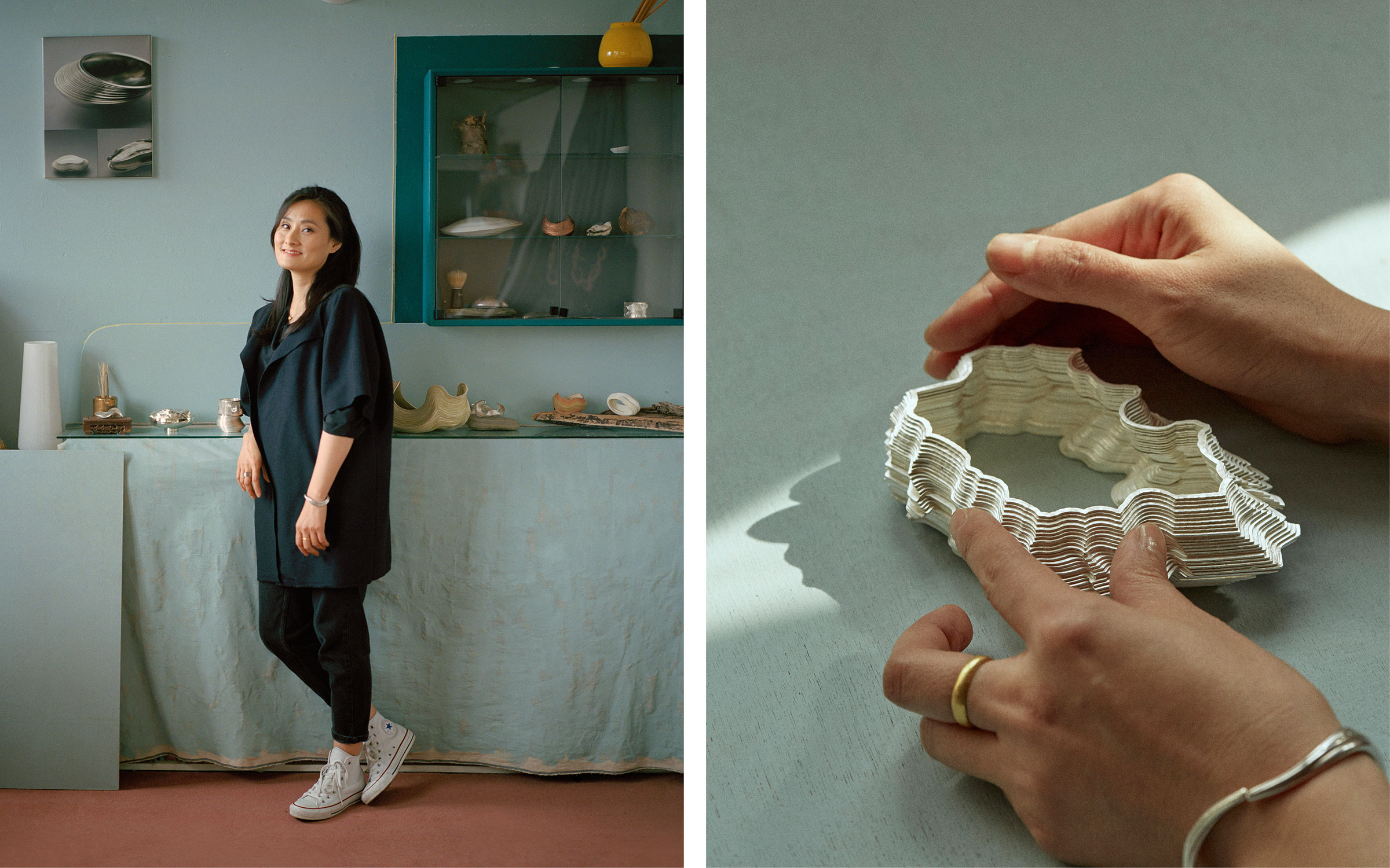 Nan Nan Liu in her studio, and right, one of her works in progress. Photos: Ana Cuba