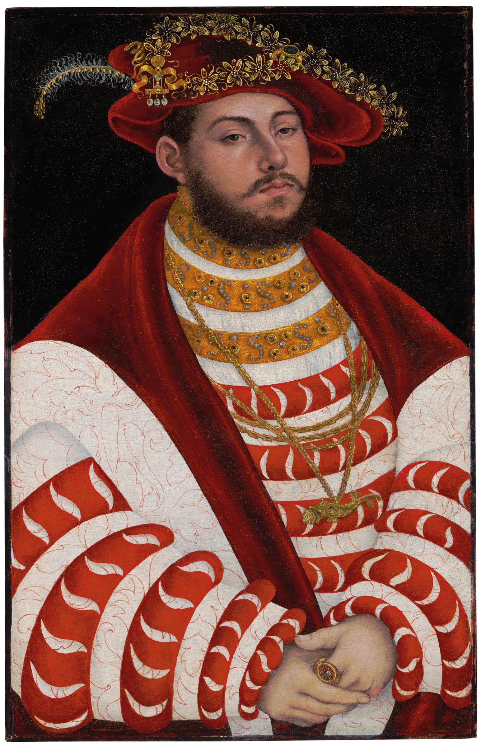 Lucas Cranach I (Kronach 1472-1553 Weimar), Portrait of John Frederick I, Elector of Saxony (1503-1554), half-length. Oil on panel, unframed. 24&frac34; x 15⅝ in (62.8 x 39.7 cm). Estimate: $1,000,000-2,000,000. This work is offered in the Old Masters sale on 19 April at Christie&rsquo;s in New York
