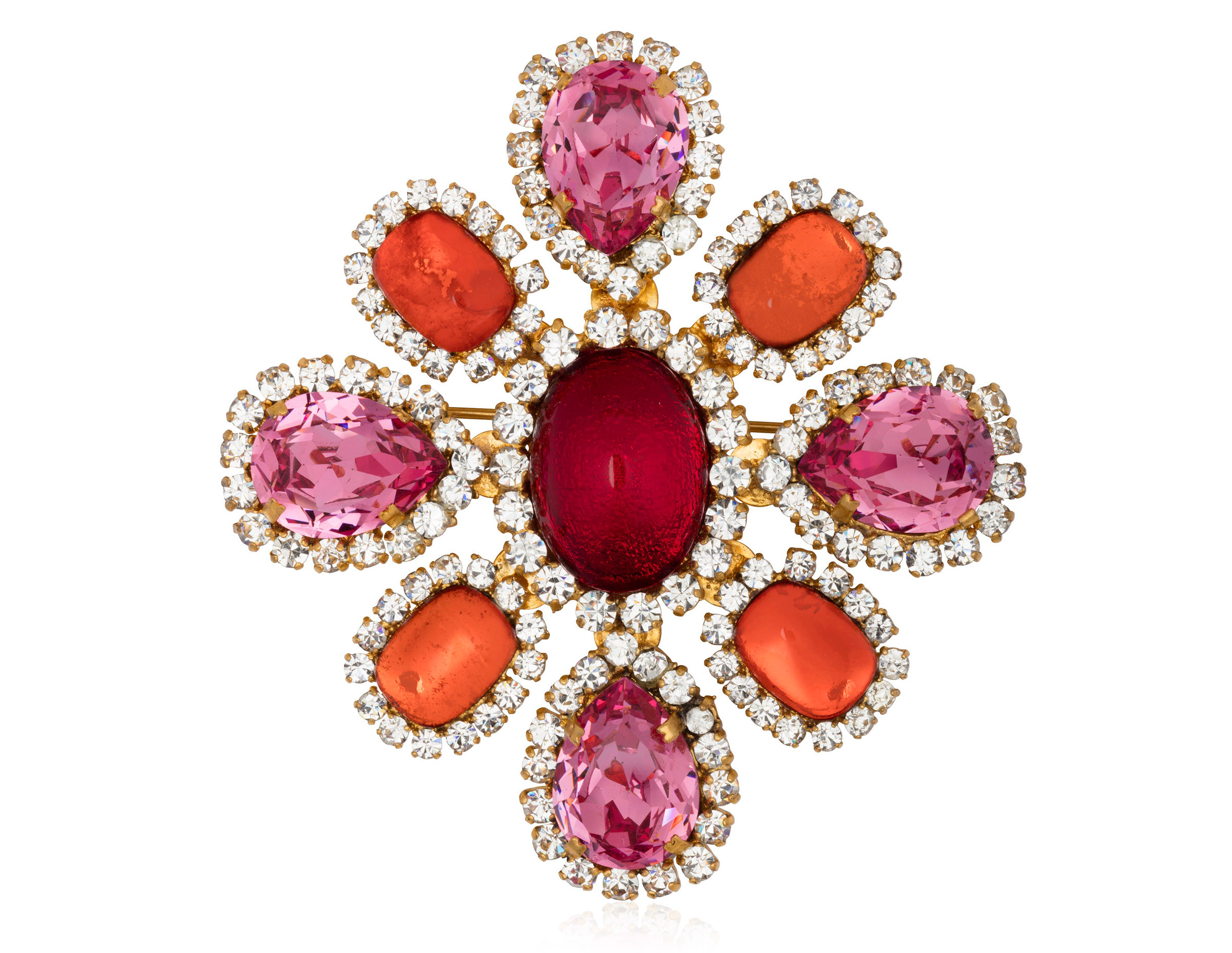 Chanel orange and red poured-glass and pink and white rhinestone pendant brooch. Sold for $1,000 on 14 Jun 2018, Online