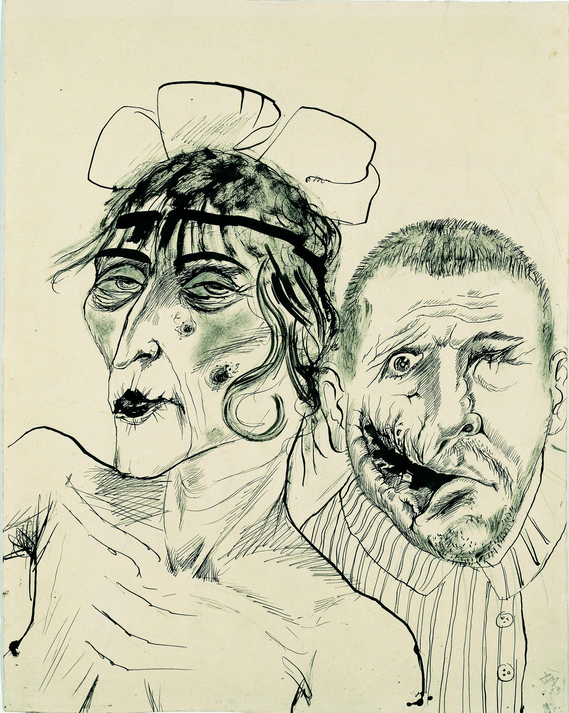 Otto Dix (1891-1969) Prostitute and Disabled War Veteran. Two Victims of Capitalism. 1923. Pen and ink on yellow cardboard. 469 x 373 mm. LWL-Museum für Kunst and Kultur (Westfälisches Landesmuseum) / Sabine Ahlbrand-Dornseif. © Estate of Otto Dix 2018
