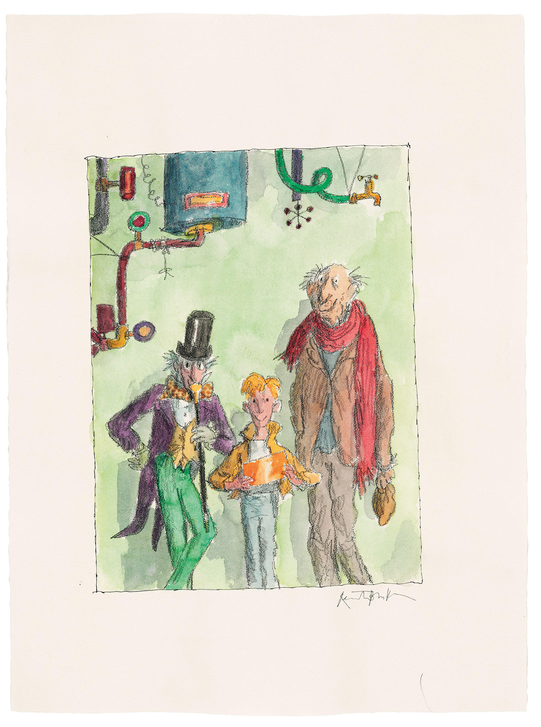 Quentin Blake (b. 1932),&nbsp;Charlie, Willie Wonka and Grandpa Joe. Watercolour, pencil, watercolour paper, signed. 760 x 565 mm. Sold for &pound;50,000 on 11 July 2018&nbsp;at&nbsp;Christie&rsquo;s in London
