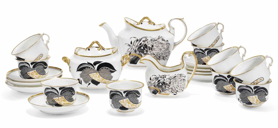 A porcelain part tea set from the Cornucopia Service, by the Imperial Porcelain Factory, St Petersburg, period of Nicholas II and Alexander III, and the State Porcelain Factory, Petrograd, 1921-1922. After a design by Sergei Chekhonin. The teapot 9&frac34;  in (24.8  cm) wide. Sold for &pound;40,000 on 1 June 2015 at Christie&rsquo;s in London