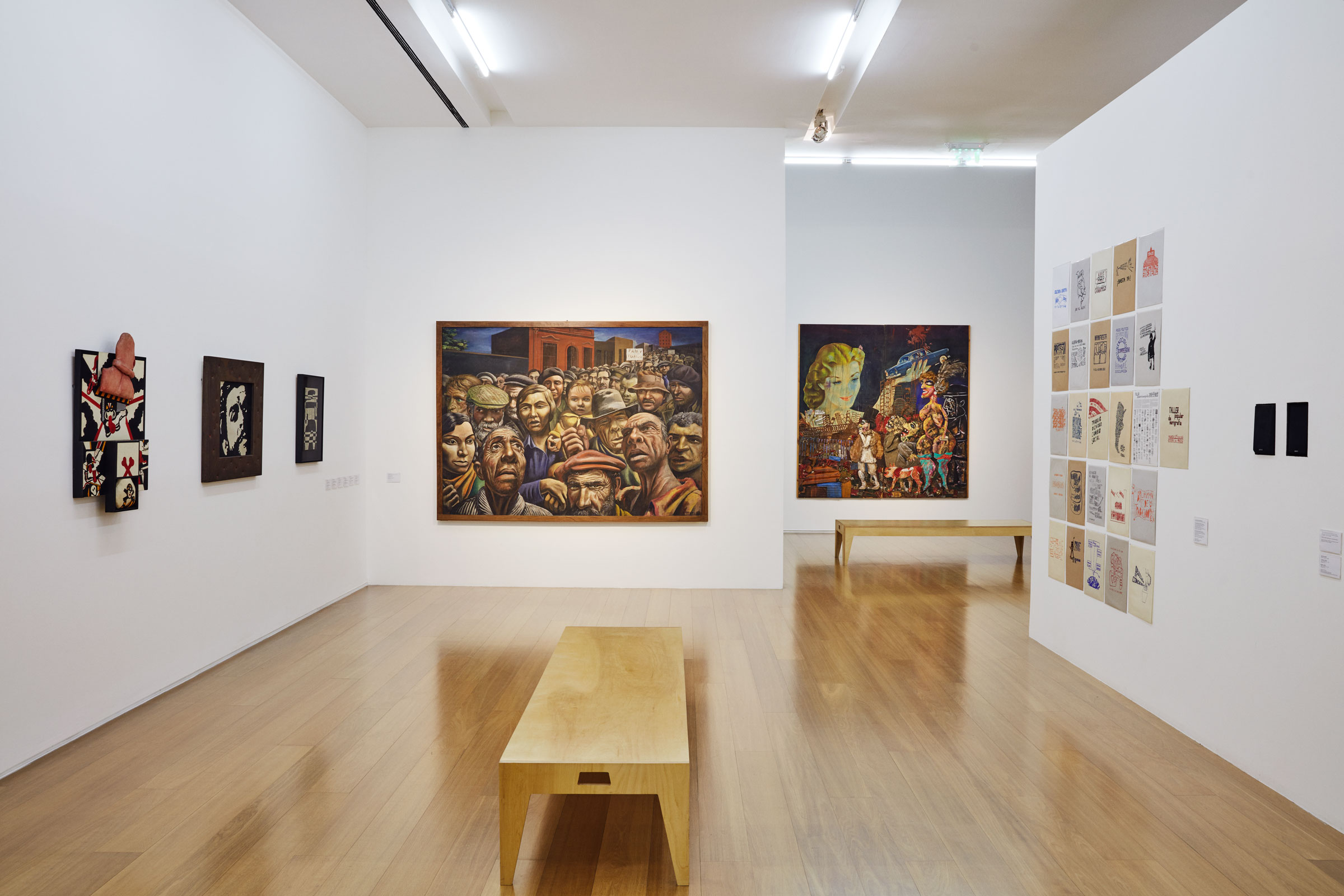 Installation view of Verboamerica at MALBA, including works by Antonio Dias, Claudio Tozzi, Jose Gurvich, Antonio Berni and Ana Gallardo