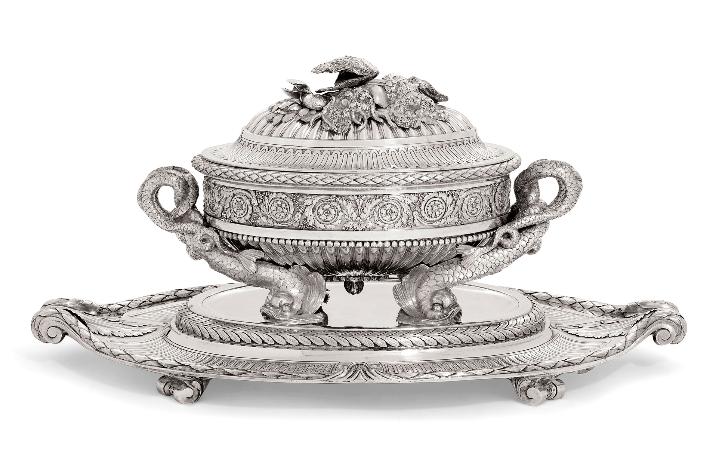 An Austrian silver soup-tureen, cover, stand and liner from the second Sachsen-Teschen service, Mark of Ignaz Joseph Wurth, Vienna, the liner and stand 1780 the tureen and cover 1781. The tureen and stand 12½  in (31.8  cm) high overall. Sold for £446,500 on 1-2 December 2015 at Christie’s in London