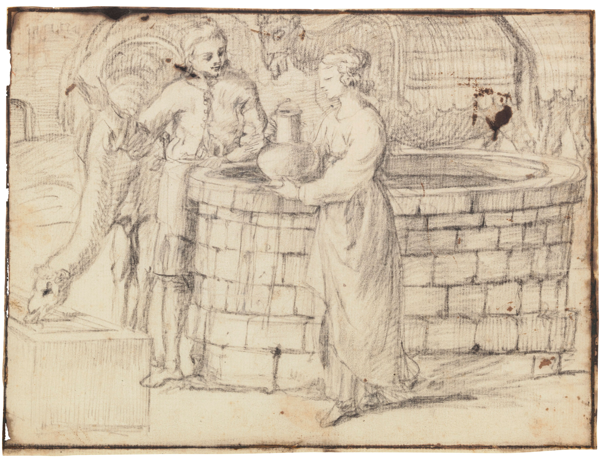 Claude Gellée, called Claude Lorrain (Champagne 1600-1682 Rome), Eliezer and Rebecca at the well. 7⅜ x 9 ¾ in (18.7 x 24.7 cm). Estimate: $20,000-30,000. This lot is offered in Property from the Estate of Eugene V. Thaw on 30 October 2018 at Christie’s in New York