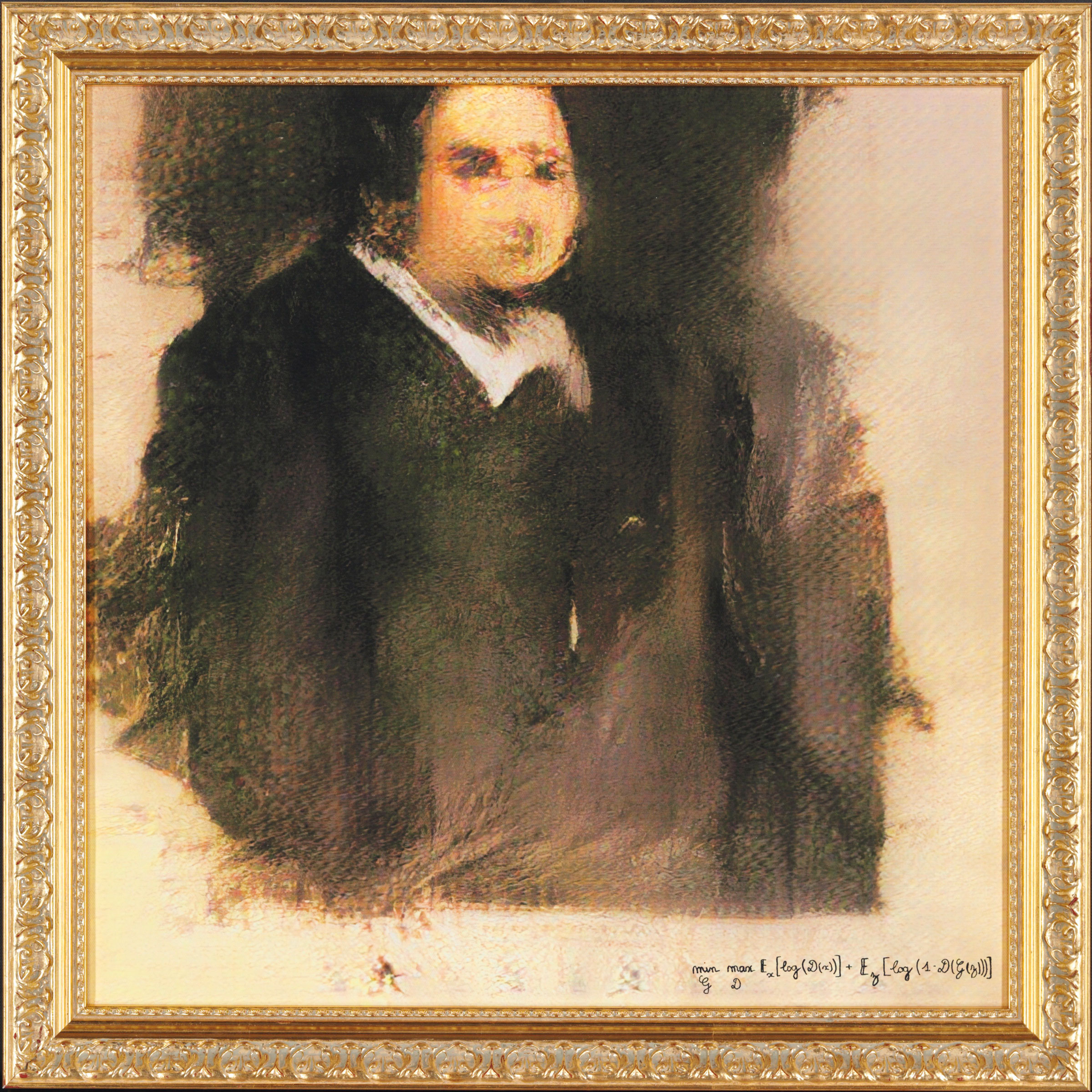 Portrait of Edmond Belamy, 2018, created by GAN (Generative Adversarial Network), sold for $432,500 on 25 October 2018 at Christie's in New York