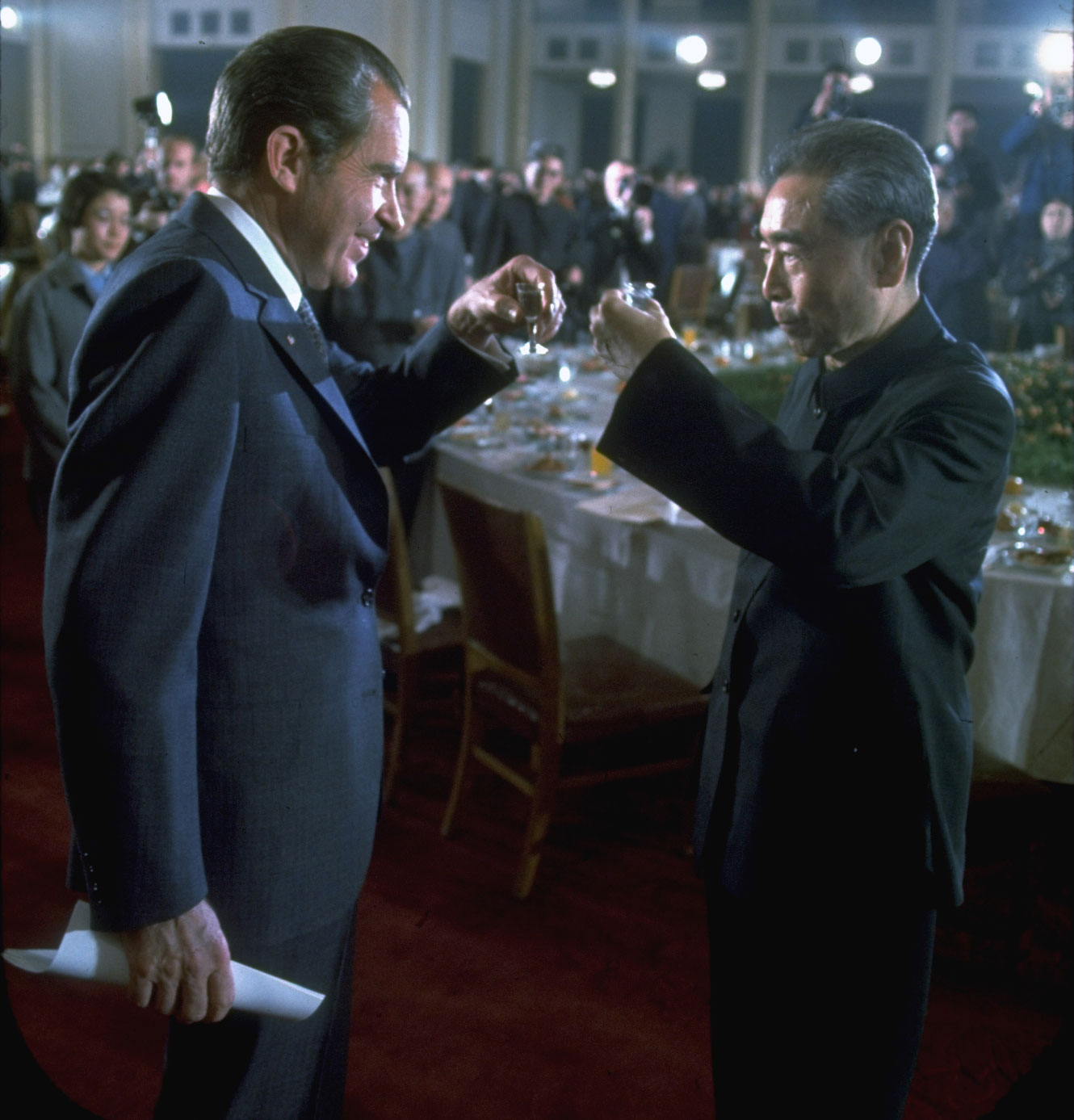 US President Richard Nixon and Chinese Premier Zhou Enlai toast each other with moutai at a banquet in the Great Hall of the People, Beijing, in February 1972