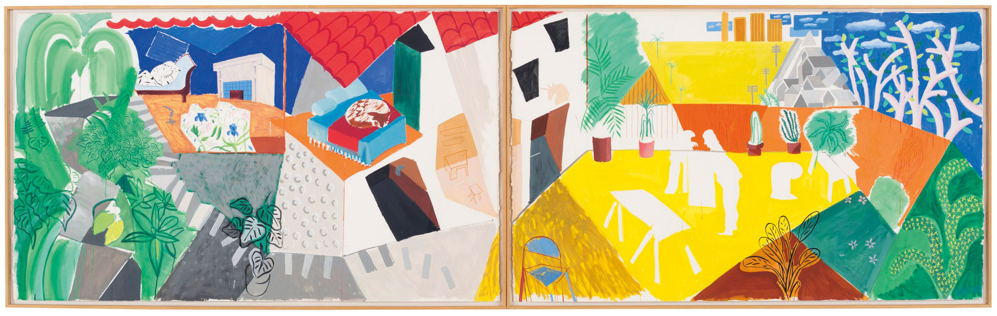 David Hockney (b. 1937), A Visit with Mo and Lisa, Echo Park, 1984. Signed with the artist's initials and dated ‘D.H. 84’ (lower right of the right sheet)
diptych. Gouache, wax crayon and graphite on paper. Overall: 60 ¾ x 202 in (154.3 x 513 cm). Estimate: $2,000,000-3,000,000. Offered in the Post-War and Contemporary Art Morning Session on 16 November 2018 at Christie’s in New York