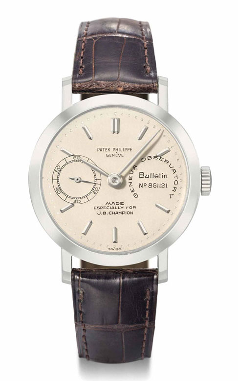 Patek Philippe. A unique platinum chronometer wristwatch with guillaume balance, bulletin d’observatoire, additional diamond-set dial and platinum bracelet. Sold for CHF3,779,000 ($3,992,858) on 12 November 2012 at Christie’s in Geneva