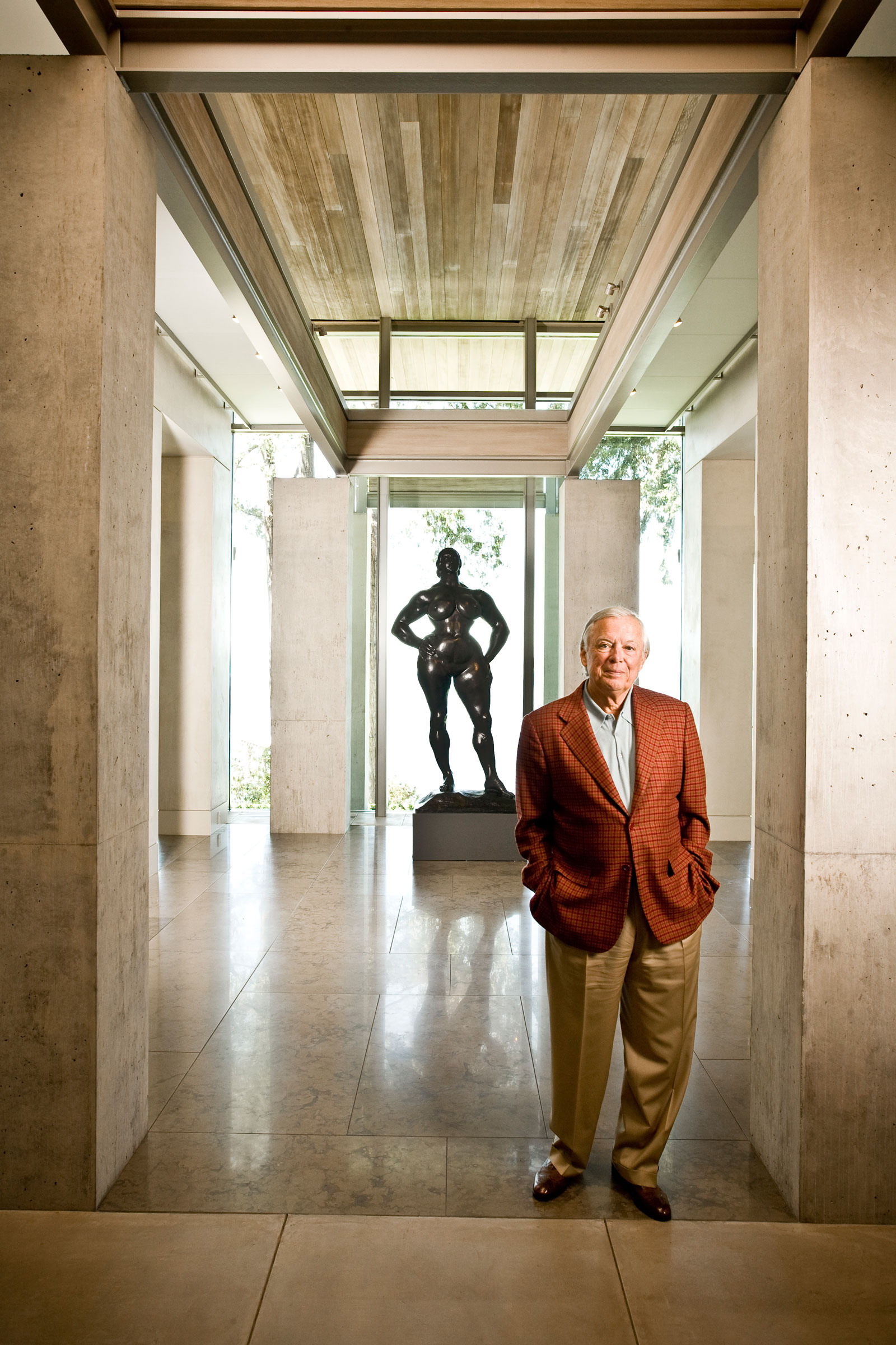 Barney Ebsworth in his Seattle home, known as ‘An American Place’, with (behind him) Gaston Lachaise (1882-1935), Standing Woman, 1932. Bronze. 88½ in high. Estimate: $1,500,00-2,500,000. Sold for: $3,732,500 on 13 November 2018 at Christie’s in New York. Photograph: Brian Smale