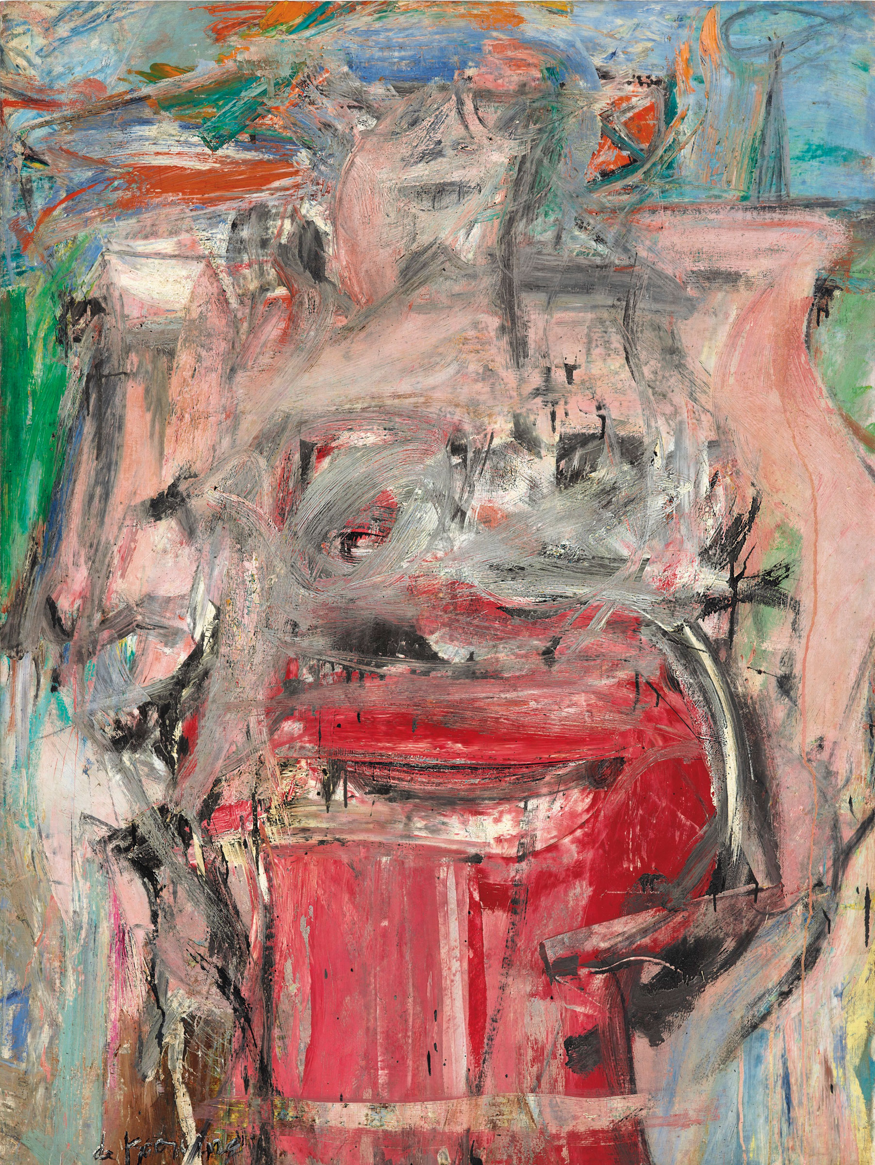 Willem de Kooning (1904-1997), Woman as Landscape, painted in 1954-1955. Oil and charcoal on canvas. 65½ x 49⅜ in (166.3 x 125.4 cm). Sold for: $68,937,500 on 13 November 2018 at Christie’s in New York