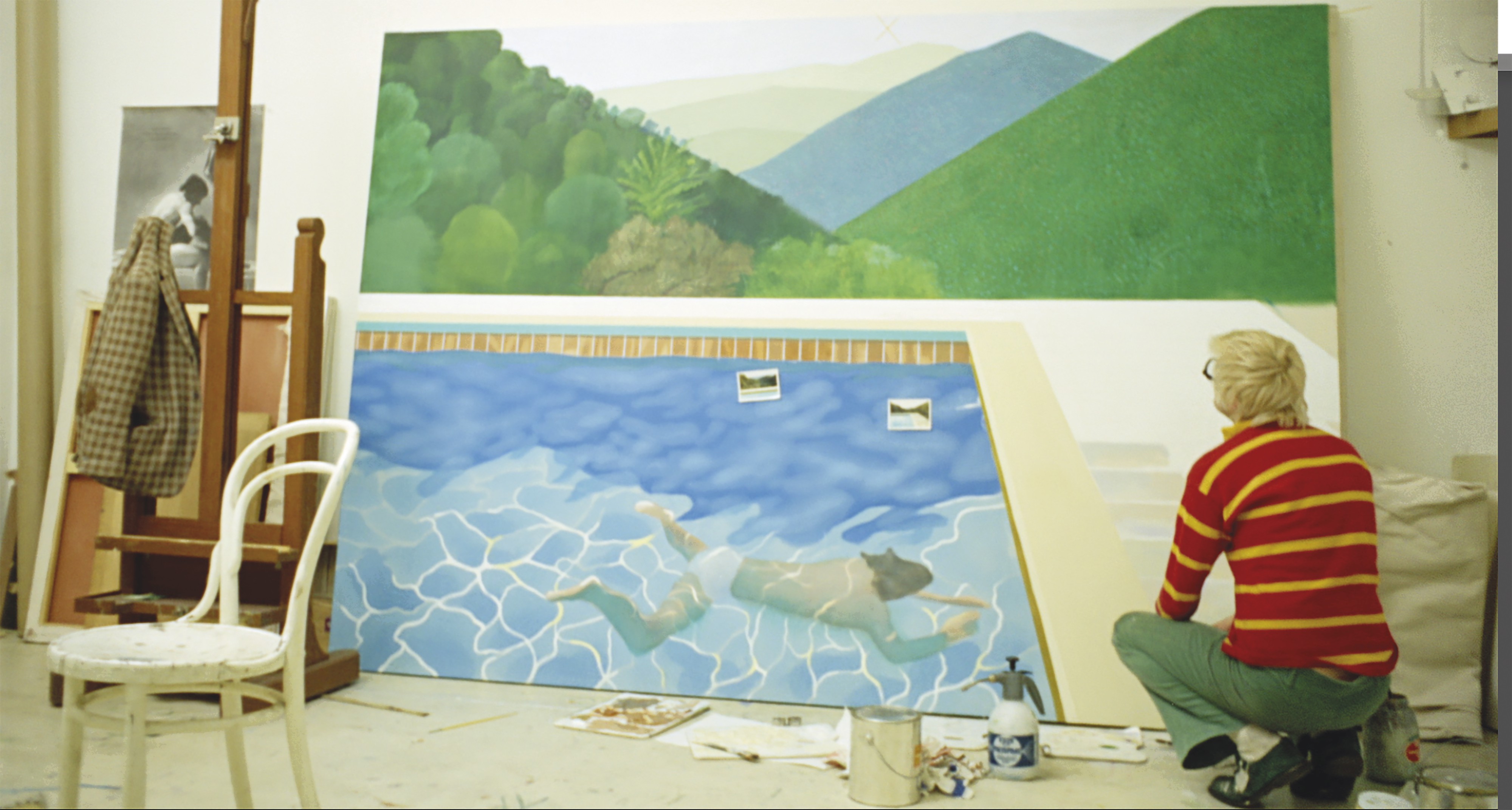 Hockney worked 18 hours a day for two weeks to finish Portrait of an Artist (Pool with Two Figures), finally completing it the night before it was due to be shipped to New York