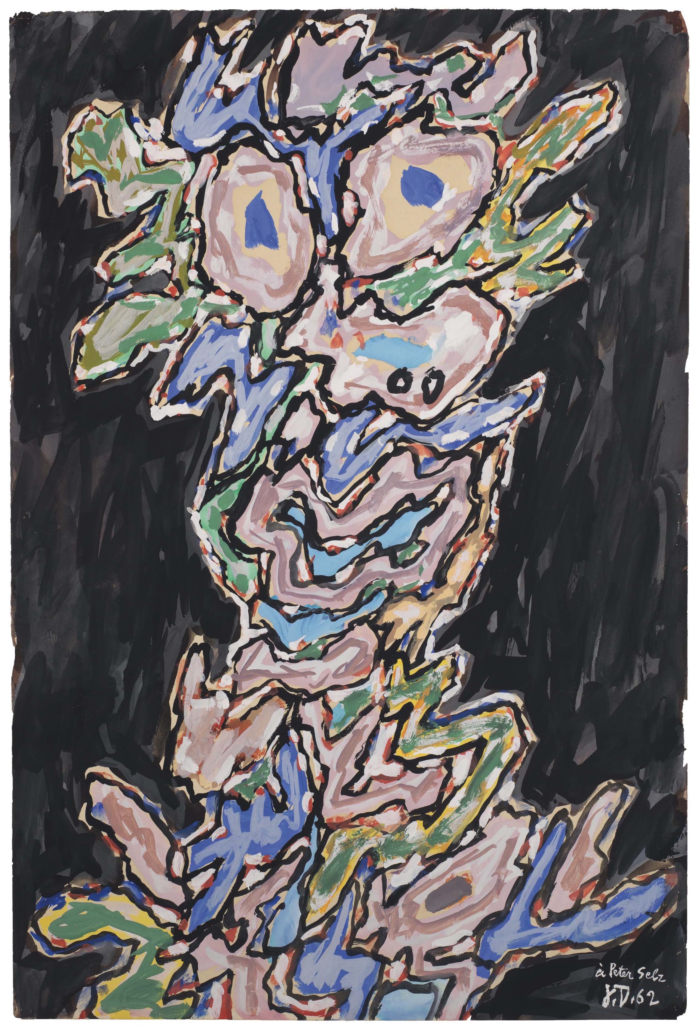 Jean Dubuffet (1901-1985) Personnage des L&eacute;gendes (Legendary Character) 1962, signed with the artist's initials, dated and dedicated &lsquo;&Agrave; Peter Selz J. D. 62&rsquo;. Gouache on paper, 19⅝ x 13&frac14; in (50 x 33.5 cm). Sold for £320,750 on 5 October 2018 at Christie’s in London