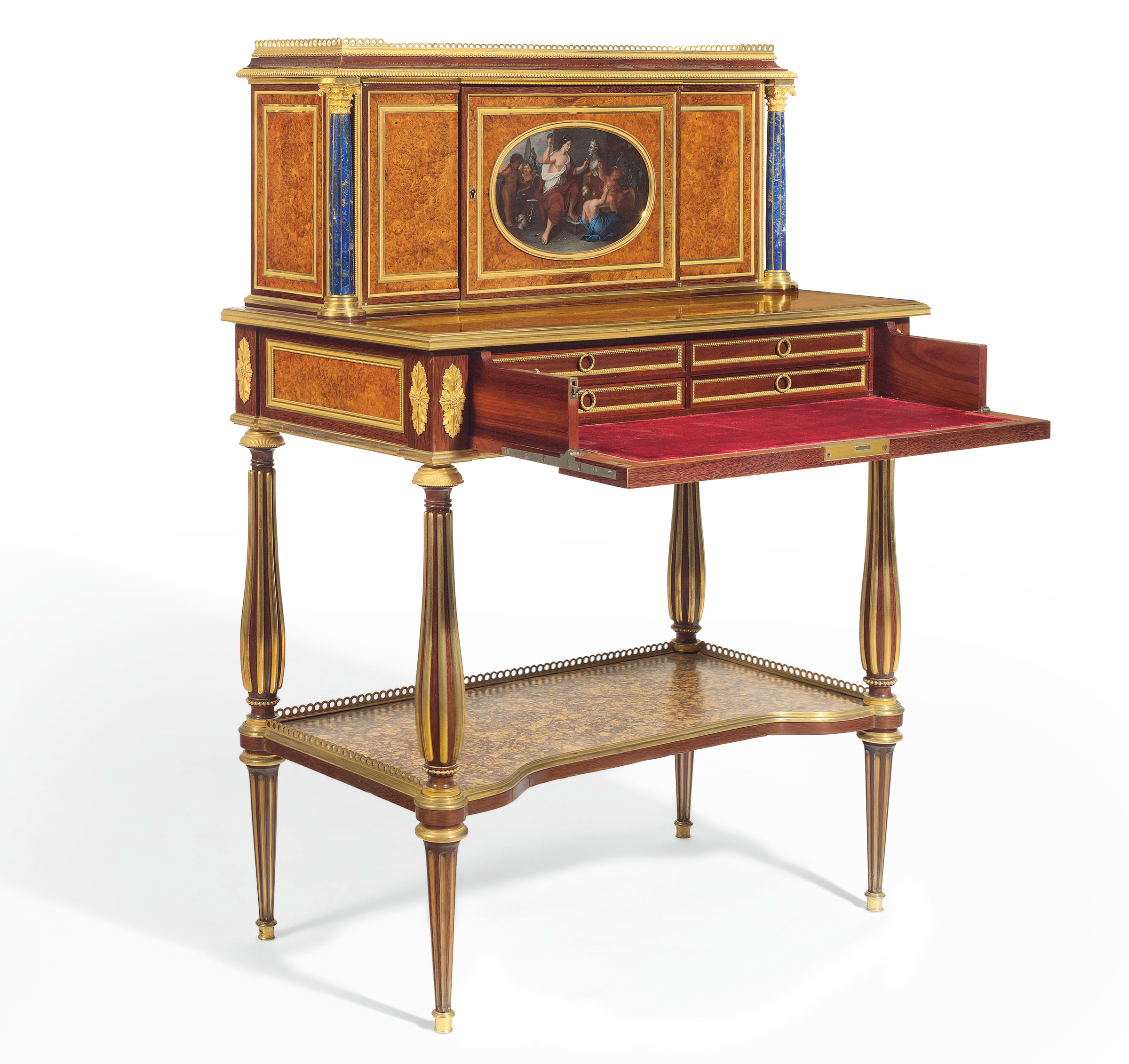 A fine French ormolu and lapis lazuli-mounted mahogany, amaranth and burr-amboyna bonheur du jour in the manner of Adam Weisweiler, by Henry Dasson, Paris, circa 1880. 43 1/2 in (100.5 cm) high, 30 3/4 in (78.1 cm) wide, 16.1/2 in (41.9 cm) deep. Estimate: $25,000&ndash;35,000. Offered in A Golden Age: An Important Collection of 19th Century Furniture &amp; Decorative Art, 16 October at Christie's in New York