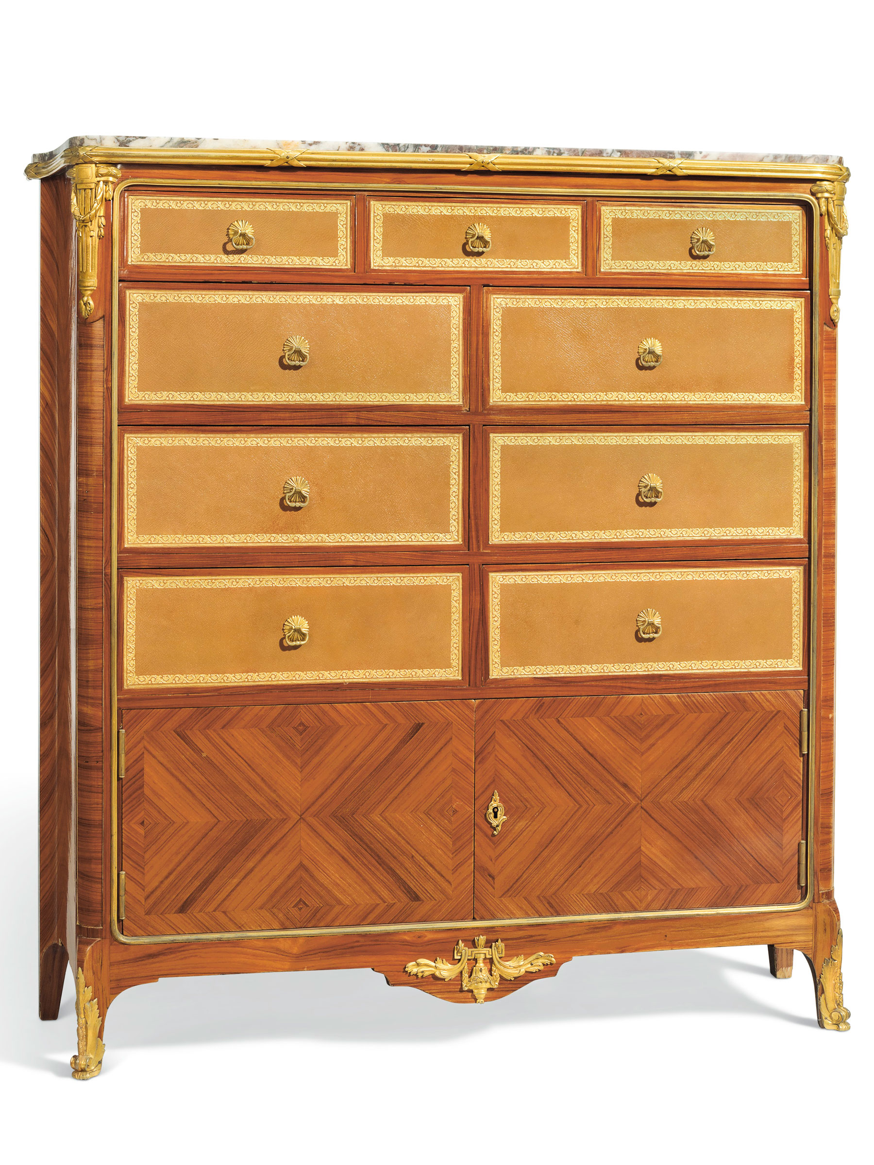 A French ormolu-mounted tulipwood cartonnier-cabinet by Escalier de Cristal, Paris, last quarter 19th century. 42 in (107 cm) high, 40 in (101.5 cm) wide, 11 1/4 in (28.5 cm) deep. Estimate: $5,000–8,000. Offered in A Golden Age: An Important Collection of 19th Century Furniture & Decorative Art, 16 October at Christie's in New York