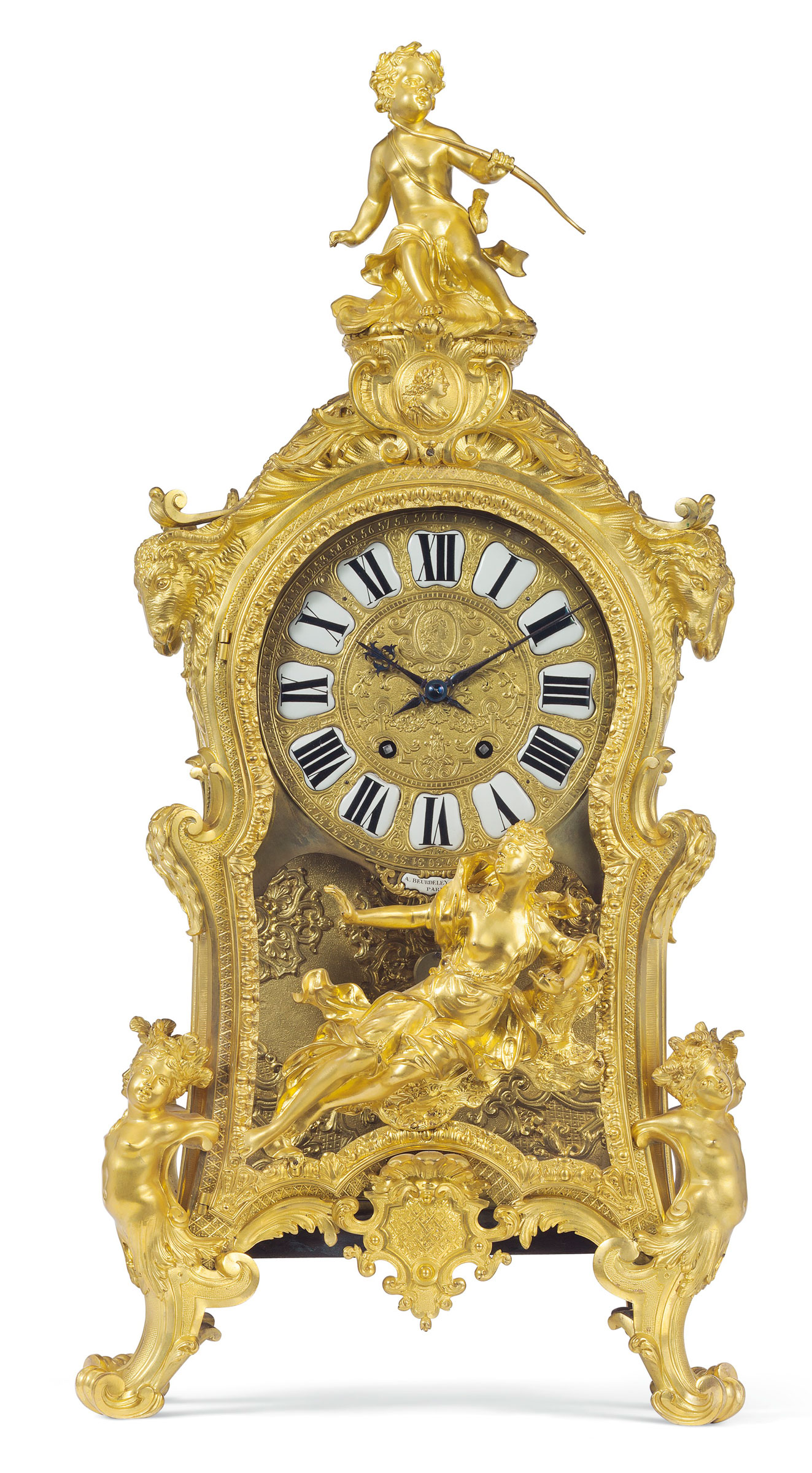 A large French ormolu mantel clock by Alfred-Emmanuel (known as Alfred II) Beurdeley, Paris, late 19th century. 40 in (101.5 cm) high, 19 1/2 in (49.5 cm) wide, 9 1/4 in (23.5 cm.) deep. Estimate: $10,000&ndash;15,000. Offered in A Golden Age: An Important Collection of 19th Century Furniture &amp; Decorative Art, 16 October at Christie's in New York