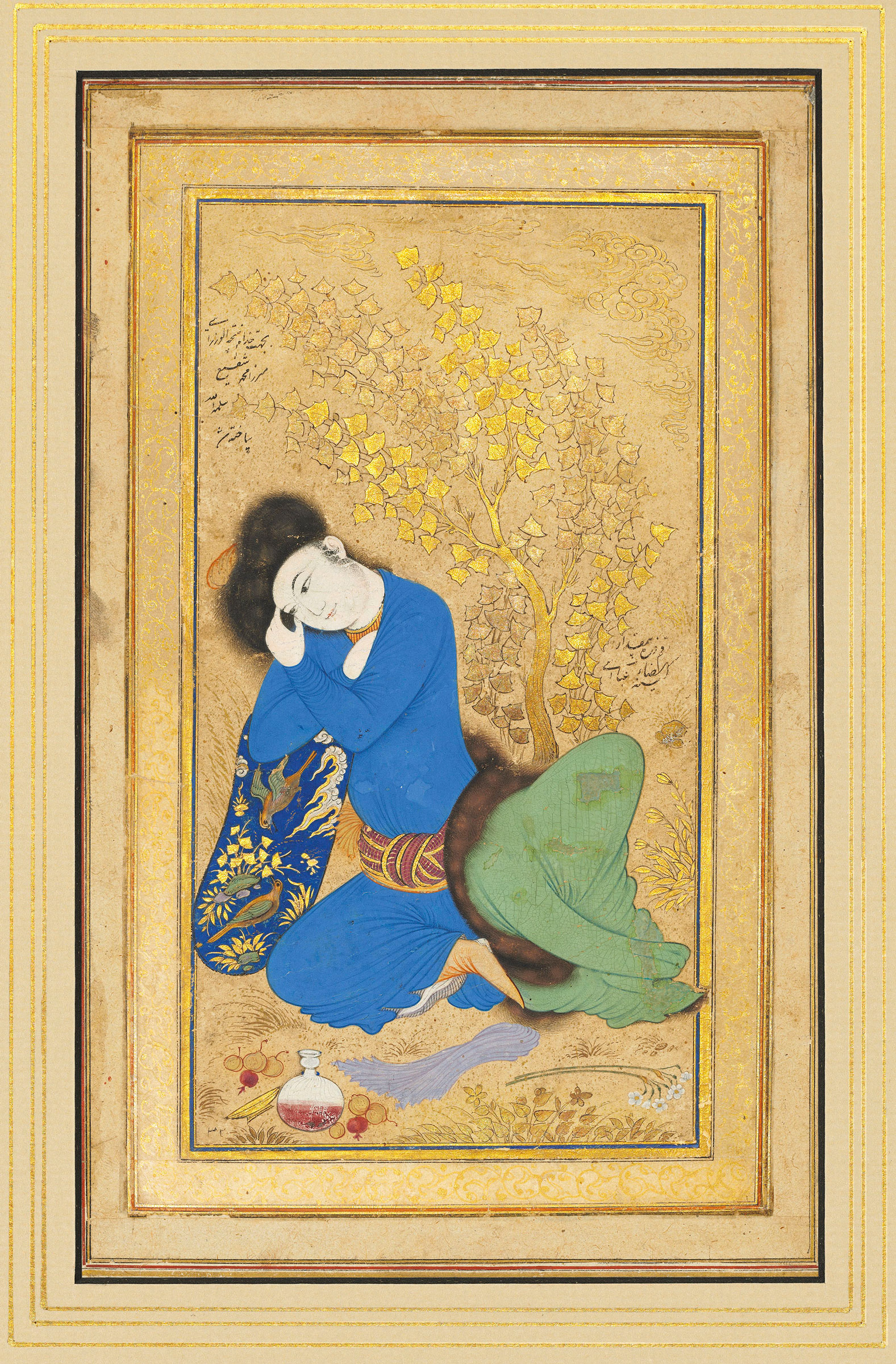 A Seated Youth, signed Reza &lsquo;Abbasi, Safavid Isfahan, Iran, circa 1630. Opaque pigments on paper. Painting 7 &frac12; x 4 in (18.9 x 10.2 cm); folio 10⅛ x 6 &frac14; in (25.4 x 16 cm). Sold for £512,750 on 25 October 2018 at Christie’s in London
