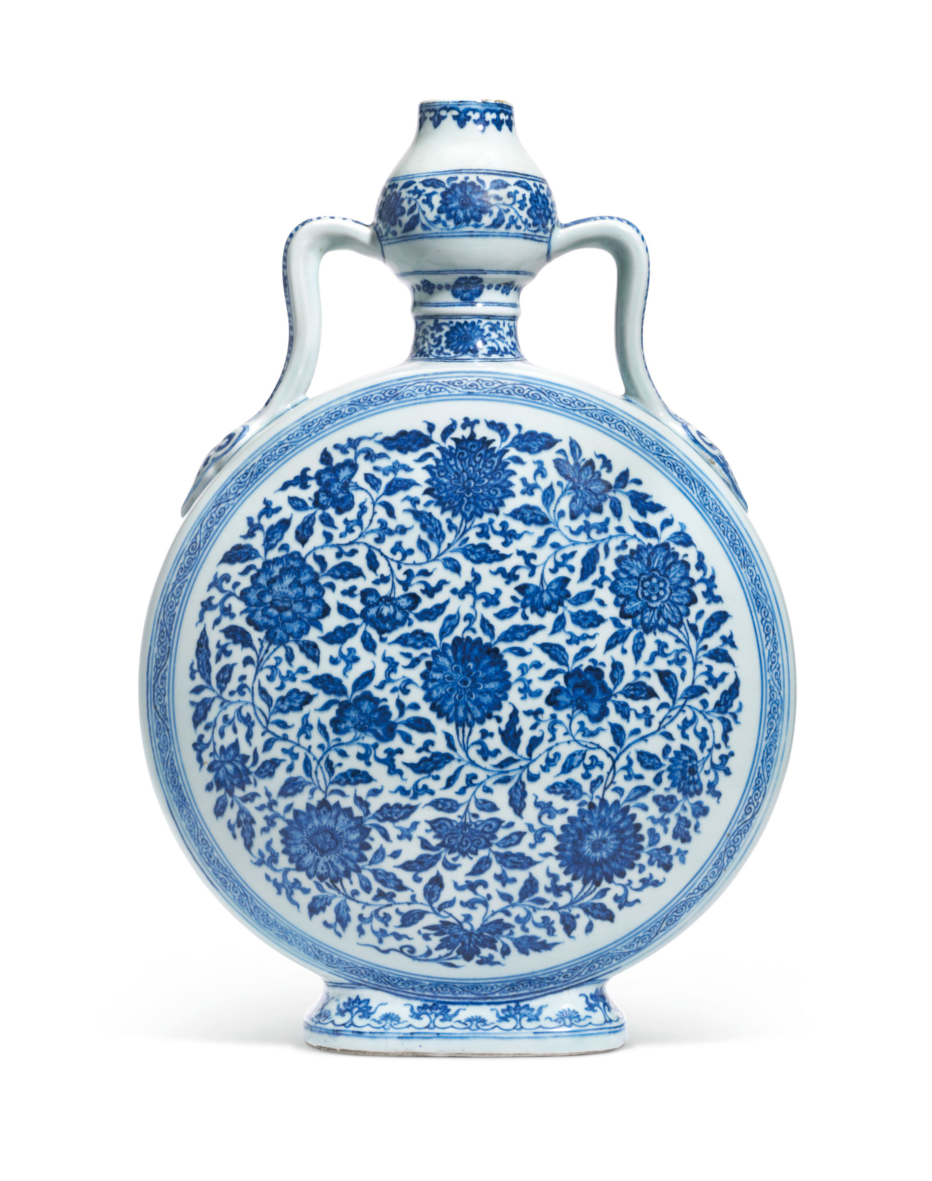 A rare and large Ming-style blue and white moonflask, bianhu. Yongzheng six-character seal mark in underglaze blue and of the period (1723-1735). Sold for £1,928,750 on 6 November 2018 at Christie’s in London