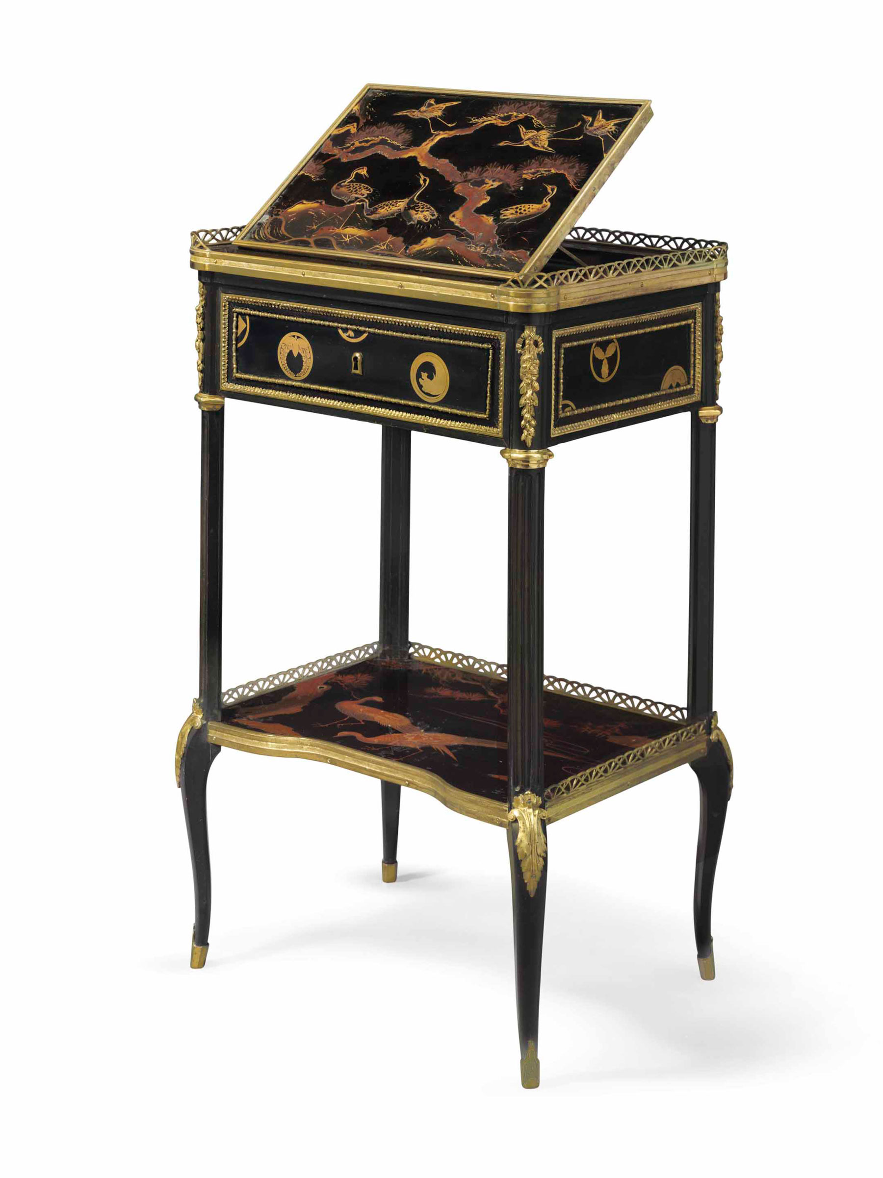 A Louis XVI ormolu-mounted ebony and Japanese lacquer table &agrave; pupitre, attributed to Martin Carlin, circa 1775-1780. 30&frac12; in (74 cm) high; 18 in (45.5 cm) wide; 13&frac12; in (34.5 cm) deep. Sold for $161,000 on 13 April 2016 at Christie&rsquo;s in New York