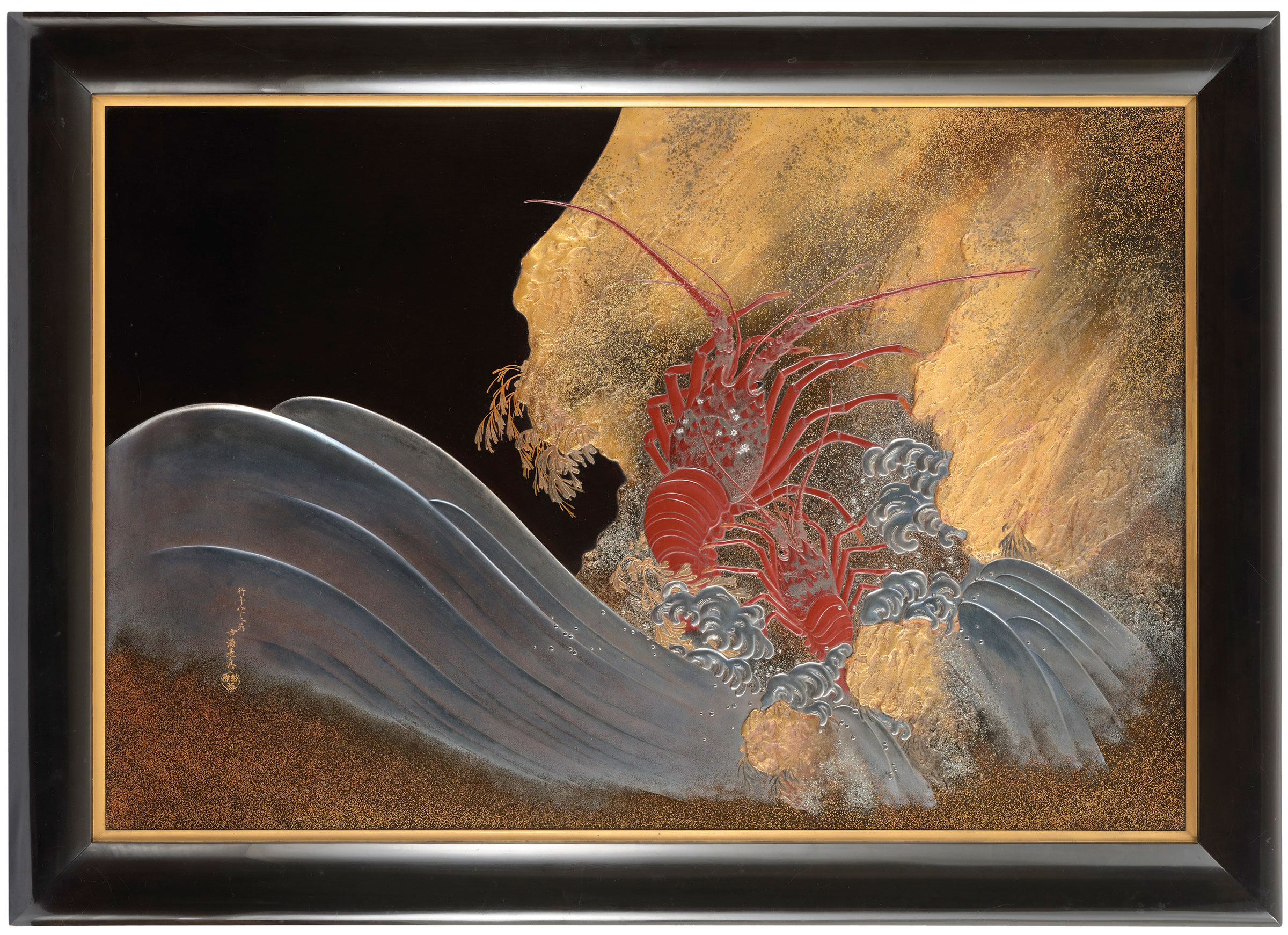 A fine lacquer panel depicting lobsters, signed Gyonen Hachijuni O Koma Zeshin [An old man in his 82nd year, Koma Zeshin], Meiji 21st year (1888). 96 cm x 105.6 cm. Sold for &pound;662,500 on 15 October 2014 at Christie&rsquo;s in London