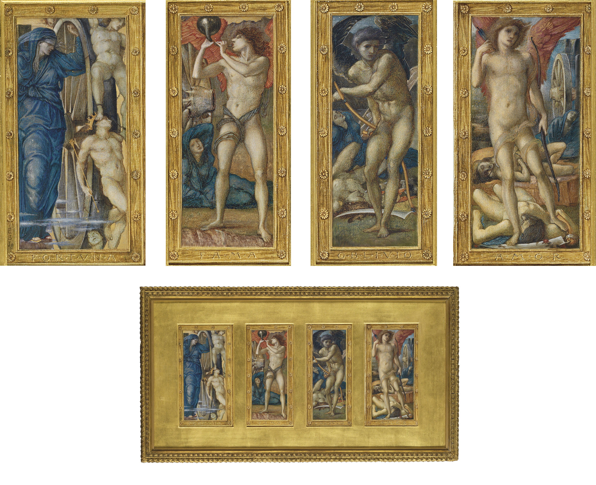 Sir Edward Coley Burne-Jones (1833-1898), Fortuna; Fama; Oblivio; and Amor: The Triumph of Love, or Amor Vincit Omnia. 12⅞ x 7¾ in (32.6 x 19.7 cm) (canvas size). Sold for £457,250 on 5 June 2008 at Christie’s in London