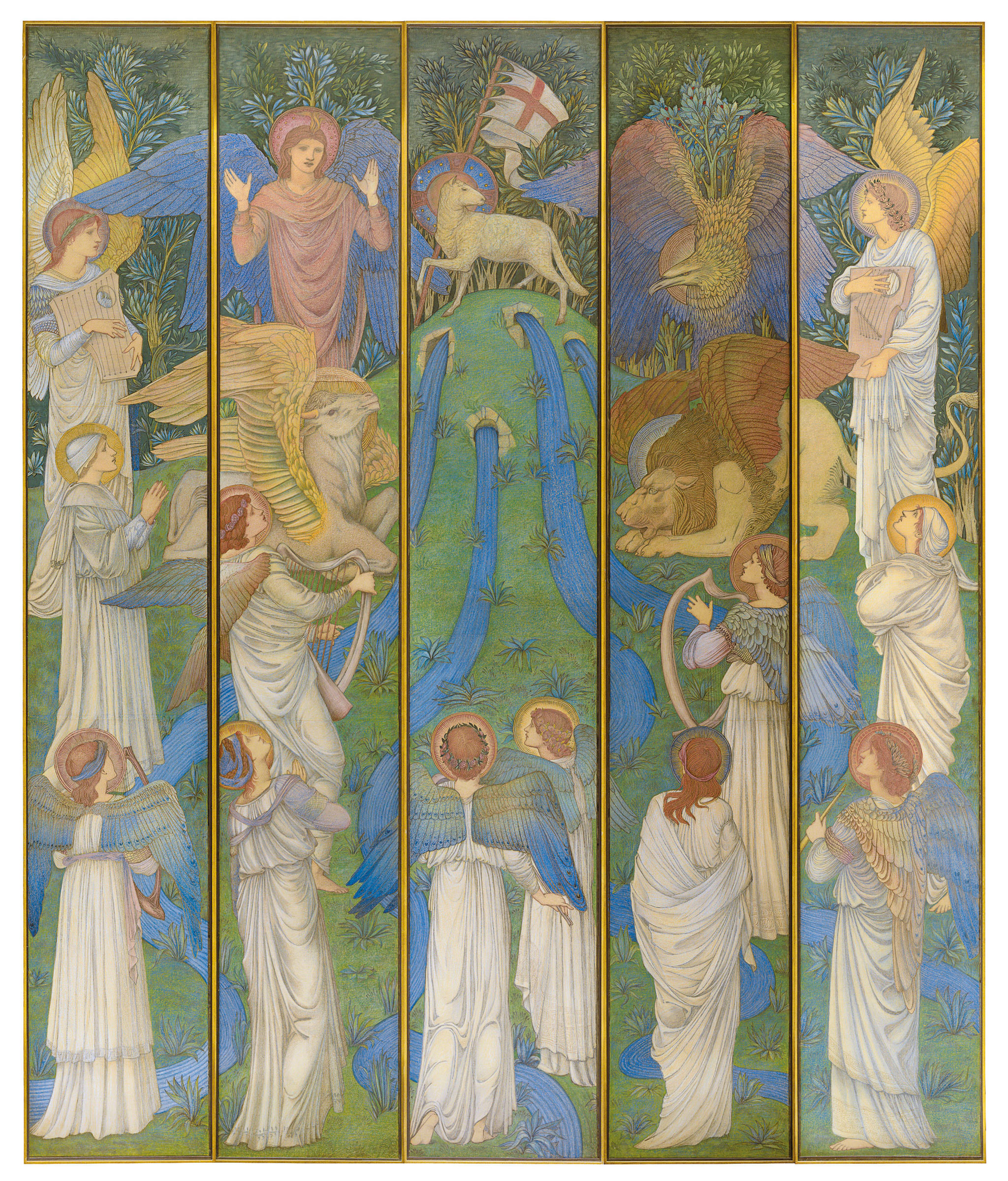 Sir Edward Coley Burne-Jones, Bart., A.R.A., R.W.S. (British, 1833-1898), Paradise, with the Worship of the Holy Lamb, executed circa 1875-1880. Five panels, one 133¾ x 22 in (339.7 x 56 cm), the others 133¾ x 21 in (339.7 x 53.3 cm). Sold for $972,500 on 31 October 2018 at Christie’s in New York