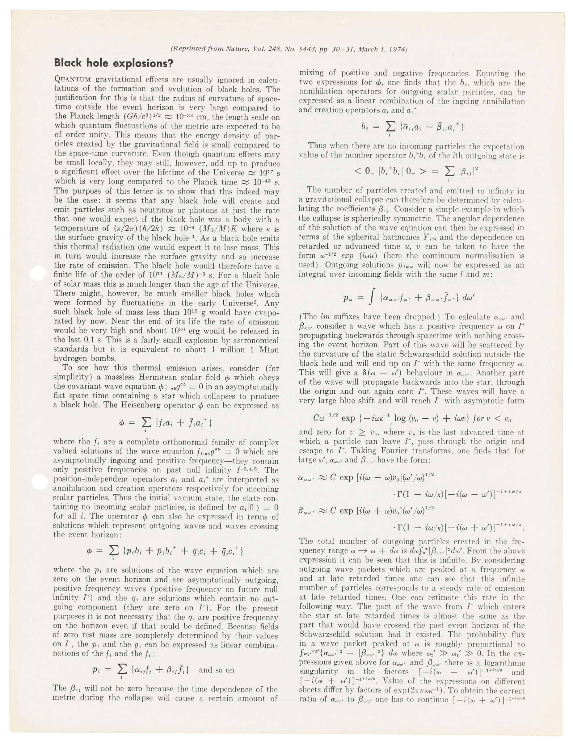 ‘Black hole explosions?’, Stephen Hawking. 1974. Quarto (278 x 212 mm), single leaf (punch holes). Estimate: £3,000-5,000. This lot is offered in On the Shoulders of Giants: Newton, Darwin, Einstein, Hawking, 31 October to 8 November 2018, Online