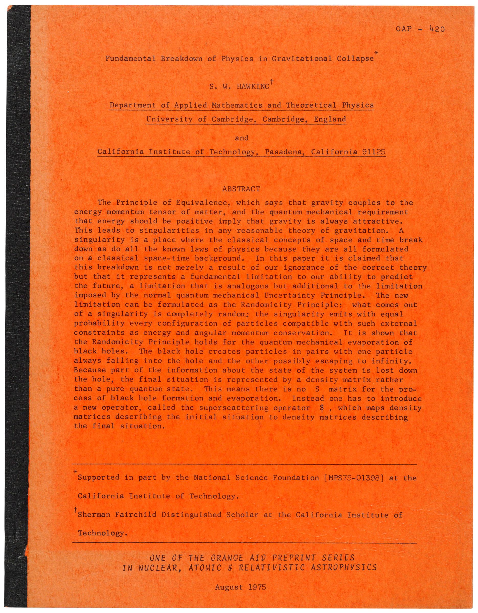 ‘Fundamental Breakdown of Physics in Gravitational Collapse’, Stephen Hawking. 1975. Quarto (274 x 213 mm). Estimate: £2,000-3,000. This lot is offered in On the Shoulders of Giants: Newton, Darwin, Einstein, Hawking, 31 October to 8 November 2018, Online
