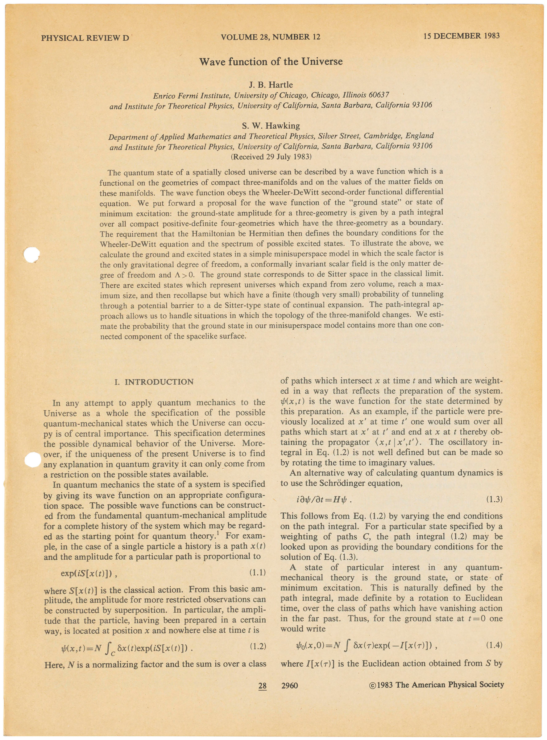 ‘Wave function of the Universe’, Stephen Hawking and J.B. Hartle. 1983. Quarto (285 x 210 mm). Estimate: £3,000-5,000. This lot is offered in On the Shoulders of Giants: Newton, Darwin, Einstein, Hawking, 31 October to 8 November 2018, Online
