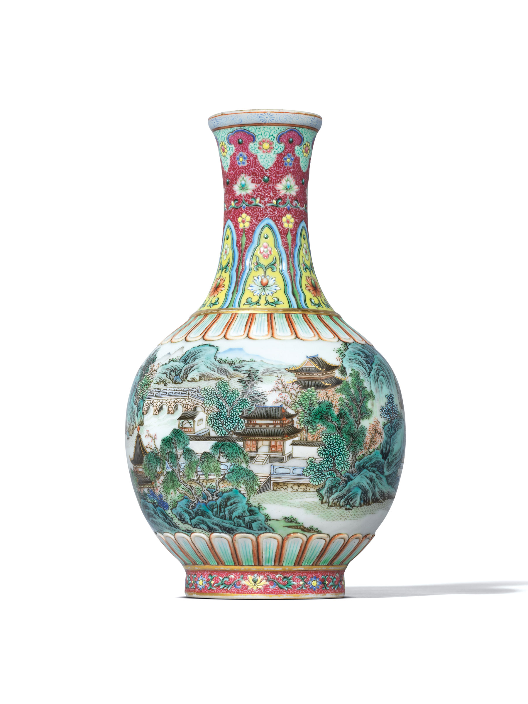 An extremely rare imperially inscribed yangcai ‘landscape’ vase, Qianlong six-character seal mark in underglaze blue and of the period (1736-1795). 7½ in (19.1 cm) high.