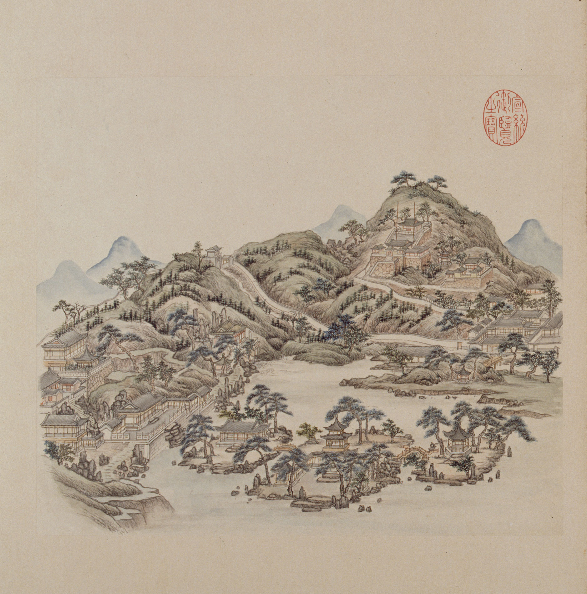 静明园,前方为乾隆称为「芙蓉晴照」的三个小岛,瓶上绘有乾隆泛舟玉泉湖上时所见的小岛风光。