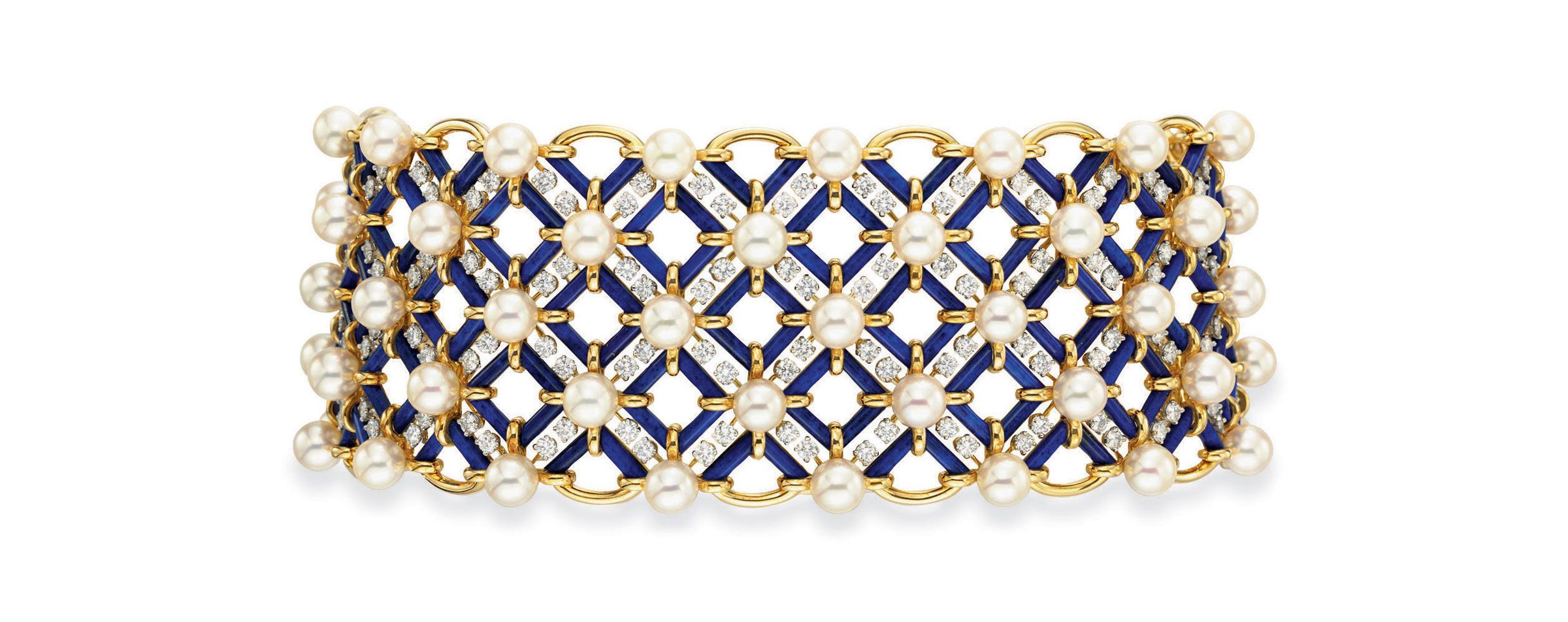 A diamond, cultured pearl, and lapis lazuli Tiffany & Co choker necklace by Jean Schlumberger