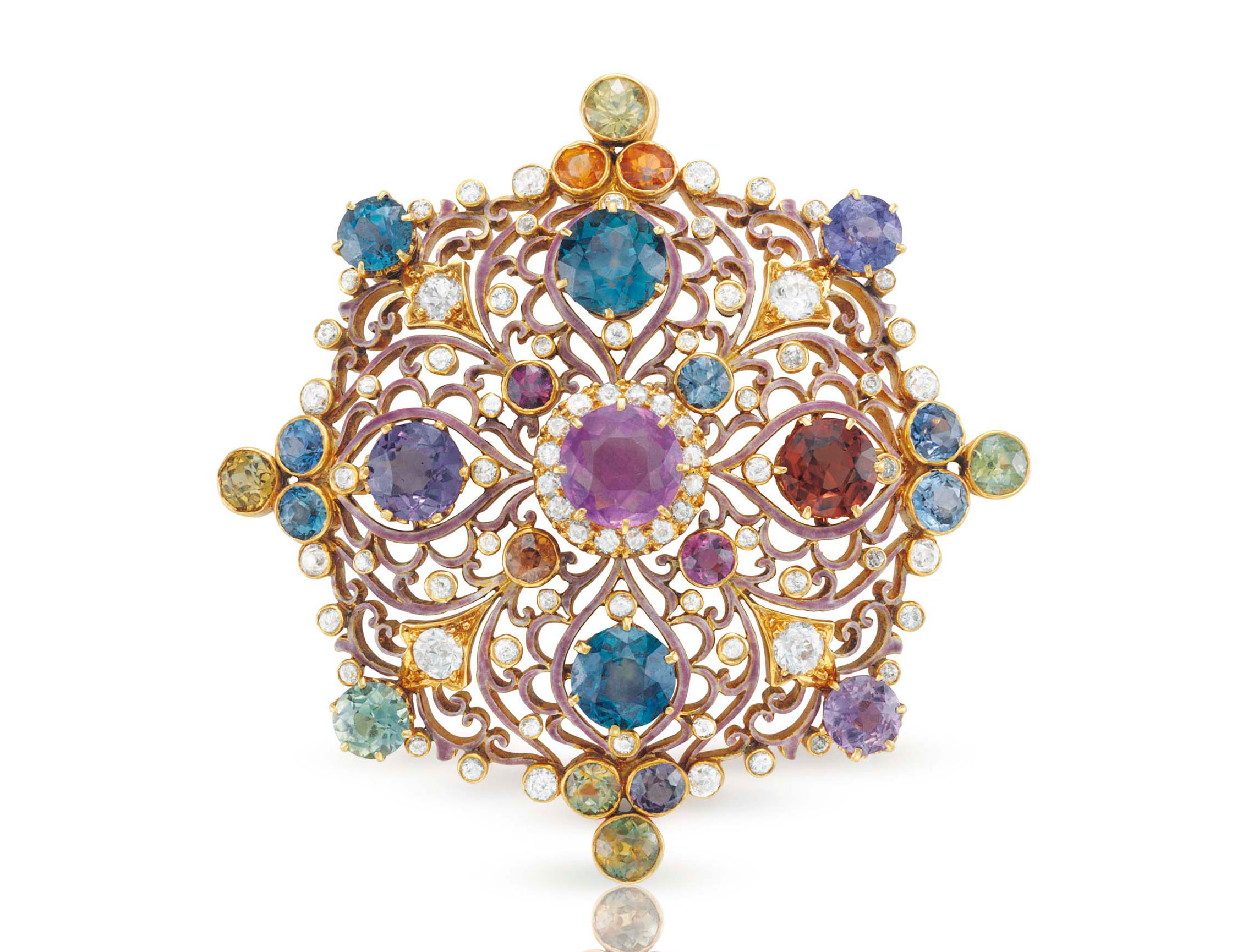 An antique Renaissance revival multi-coloured sapphire and diamond pendant brooch, by Paulding Farnham, Tiffany & Co. Sold for $125,000 on 20 June 2017 at Christie’s in New York