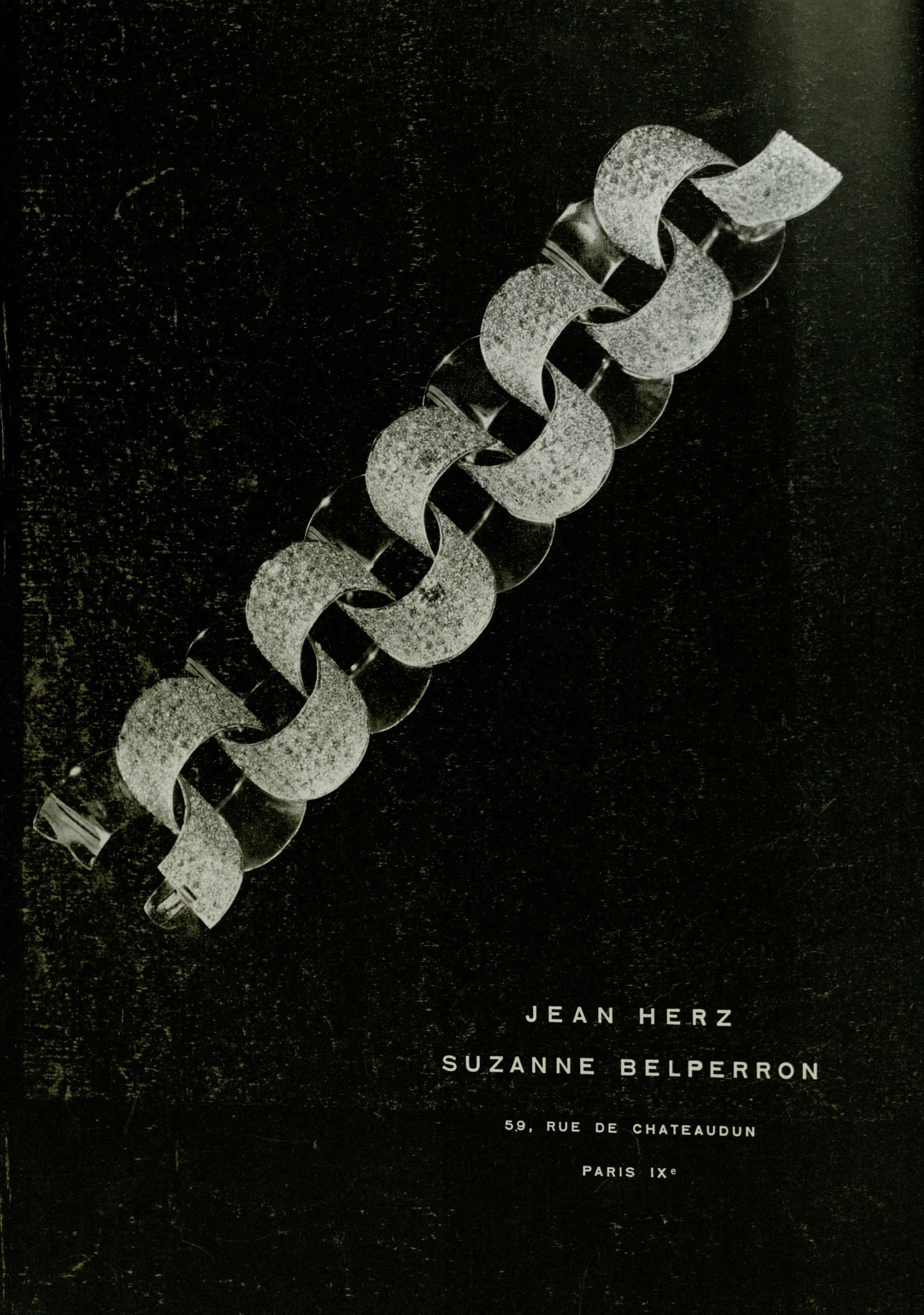 Published in 1948, this advertisement for Jean Herz-Suzanne Belperron originally appeared in French Vogue and announced a new partnership that would endure for nearly 30 years. The piece, a diamond 'Tube' bracelet, was identified by Christie's specialists in 2018 and most recently sold at Christie's in New York for $945,000 in 2024