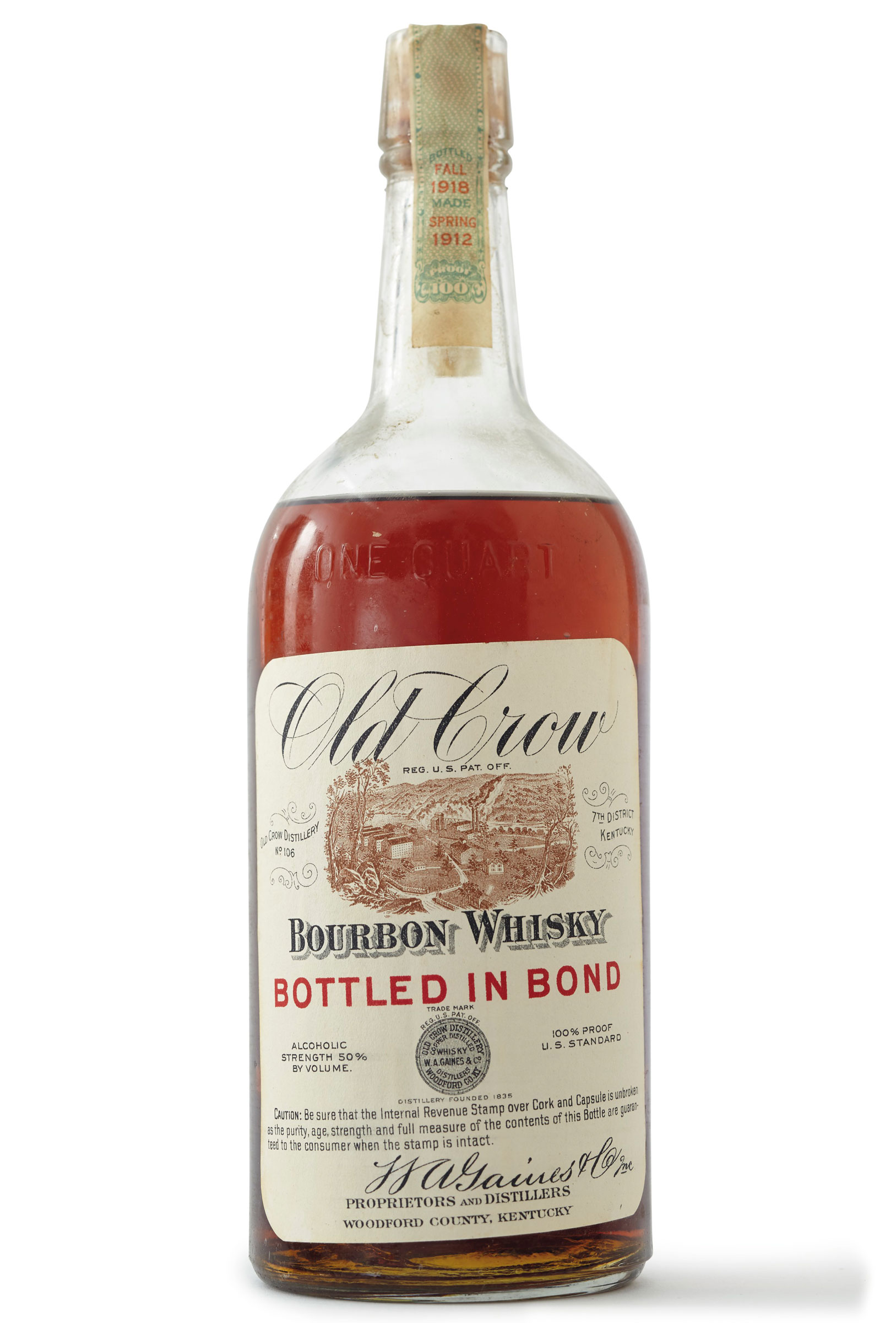 Old Crow Bourbon 1912. 12 Quarts. Sold for $22,050 on 7 December 2018 at Christie’s in New York