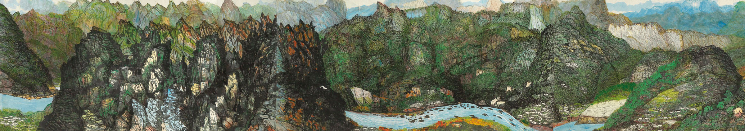 余承尧 《大江忆写图》 彩墨 纸本，58 x 1241 公分 (23 x 488⅝ 吋)。估价：9,000,000-12,000,000港元。此拍品于2018年11月26日在佳士得香港不凡- 宋代美学一千年(晚间拍卖)呈献。