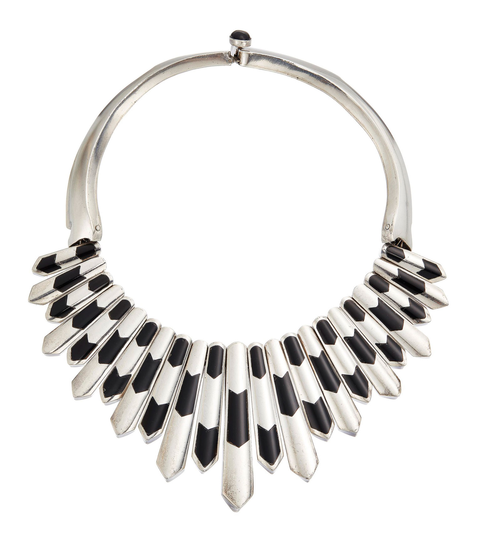 A silver and inlaid onyx necklace, by Antonio Pineda. Sold for $6,000 in Jewels Online, 6-14 February