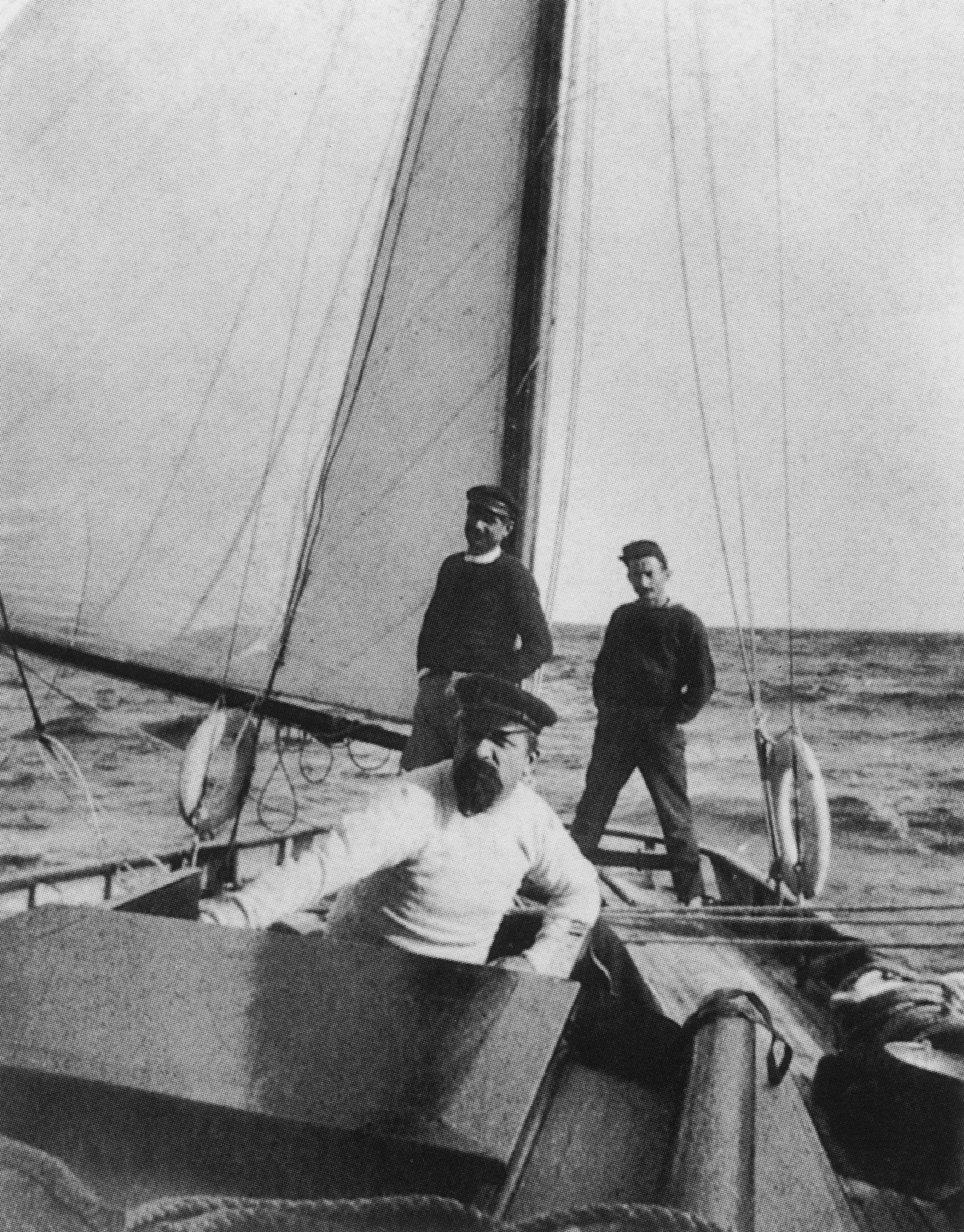Paul Signac, in the foreground, on his boat Olympia, circa 1895. Photo: © Archives Signac