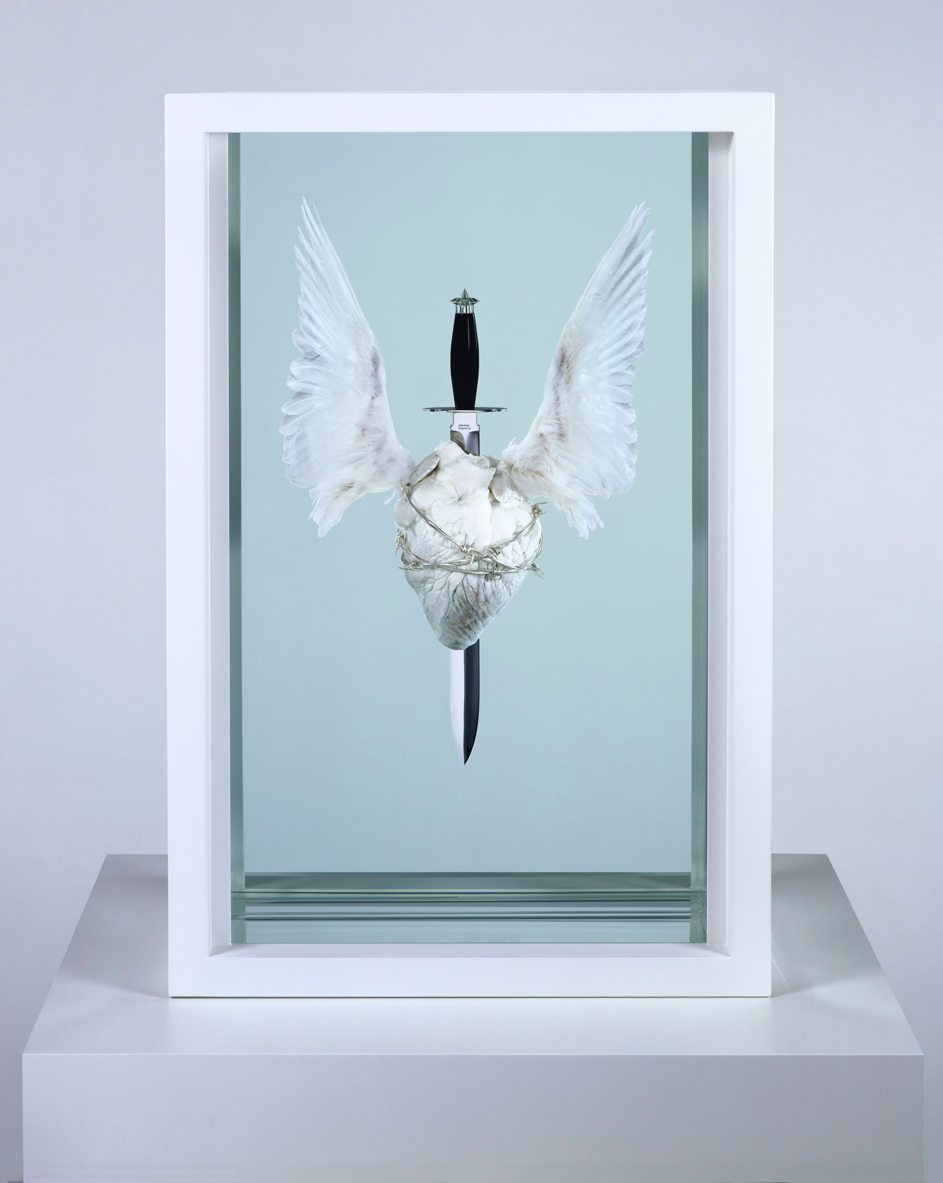Damien Hirst (b. 1965) The Immaculate Heart ♥ Sacred, executed in 2008. Acrylic, painted stainless steel, stainless steel, resin, silicone, sterling silver barbed wire, monofilament, bull's heart, dove's wings and formaldehyde solution. 36 x 24 x 11½ in (91.5 x 61 x 29.2 cm). Estimate: £120,000-180,000. Offered in The George Michael Collection Evening Auction on 14 March 2019 at Christie’s in London