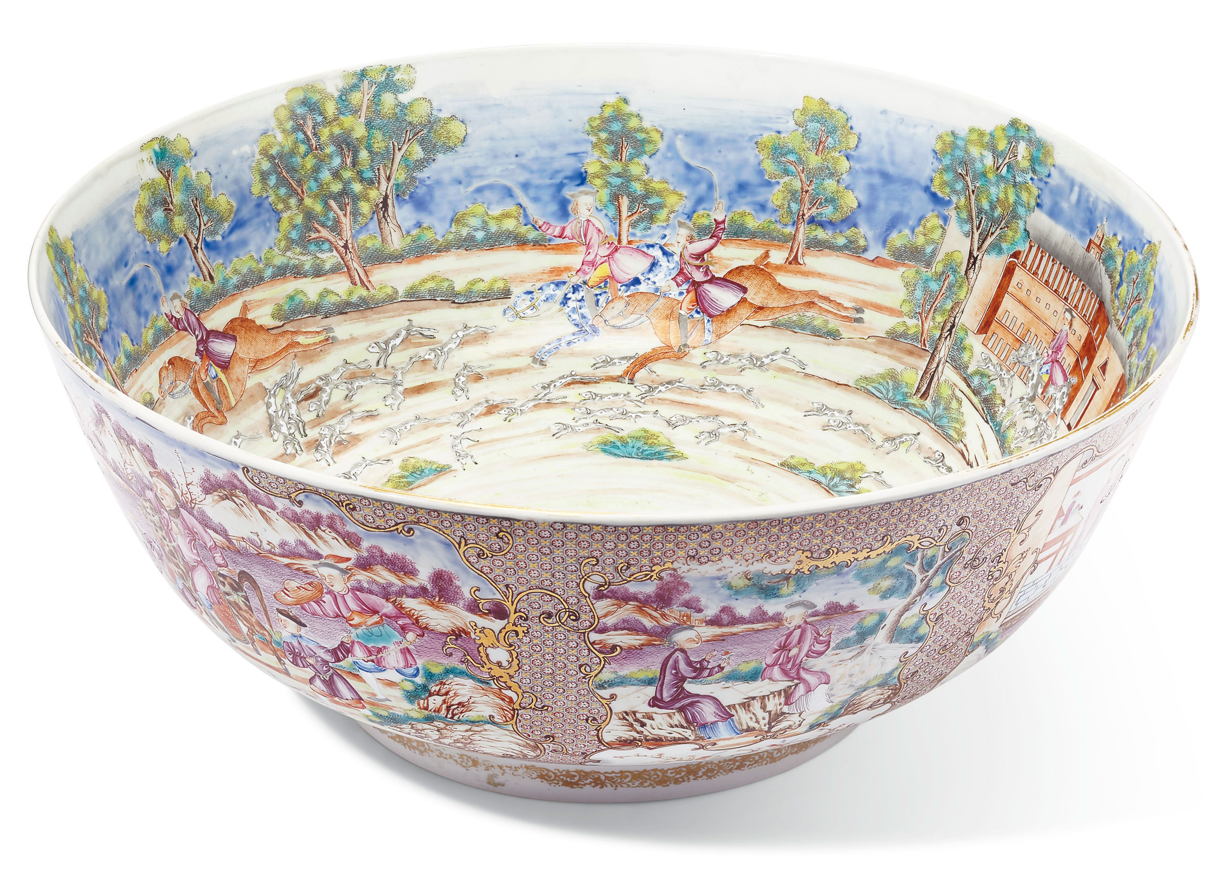 A rare large tiger and foxhunting bowl, Qianlong period, circa 1785. 16 in (40.6 cm) diameter. Sold for $40,000 on 10 April 2019 at Christie’s in New York