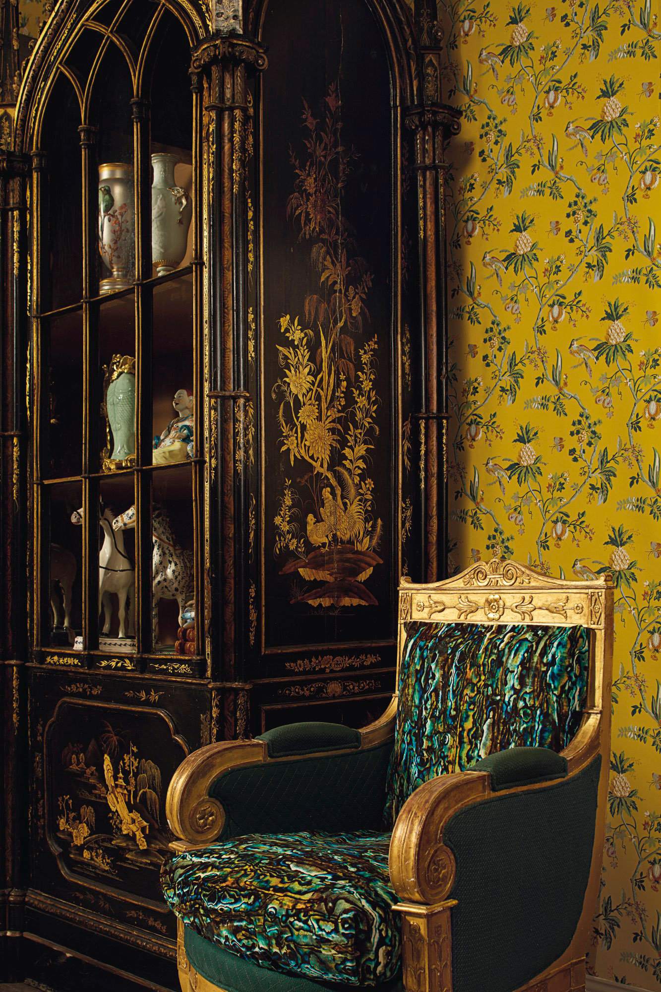 A George III &lsquo;Gothick&rsquo; black and gilt-japanned bookcase, third quarter 18th century, the japanning probably first half of 19th century. Estimate: $20,000-30,000.&nbsp;A Leeds Pearlware model of a horse, circa 1810-1820. Estimate: $7,000-10,000.&nbsp;A Meissen porcelain nodding pagoda figure, late 19th/early 20th century. Estimate: $4,000-6,000.&nbsp;A pair of Empire giltwood berg&egrave;res, attributed to Jacob D. Rue Mesl&eacute;e, circa 1805. Estimate: $6,000-10,000.&nbsp;A pair of Paris porcelain platinum-ground vases, circa 1880, the painting attributed to Narcisse Vivien. Estimate: $4,000-6,000. Offered in The Collector: English &amp; European 18th &amp; 19th Century Furniture, Ceramics, Silver &amp; Works of Art on 9 April at Christie's in New York. Wallpaper: La Comedie by Pierre Frey. Fabric on chair: Libellule by Pierre Frey