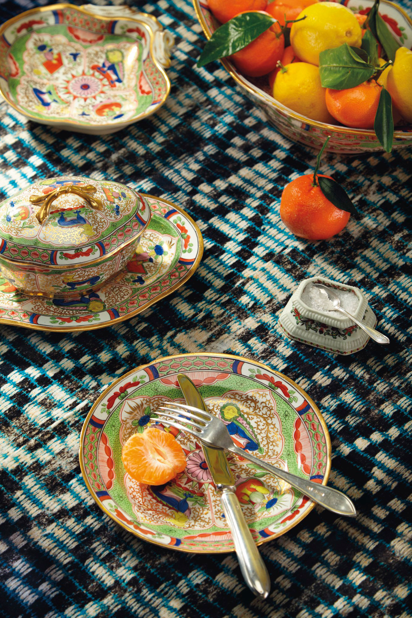 A Worcester Porcelain &lsquo;Dragons in Compartments&rsquo; part dessert service, comprising 46 pieces, circa 1800. Estimate: $6,000-8,000.&nbsp;A pair of Saint Cloud porcelain salts, circa 1710-30. Estimate: $3,000-5,000. Offered in The Collector: English &amp; European 18th &amp; 19th Century Furniture, Ceramics, Silver &amp; Works of Art on 9 April at Christie&rsquo;s in New York. Fabric: Tombouctou by Pierre Frey